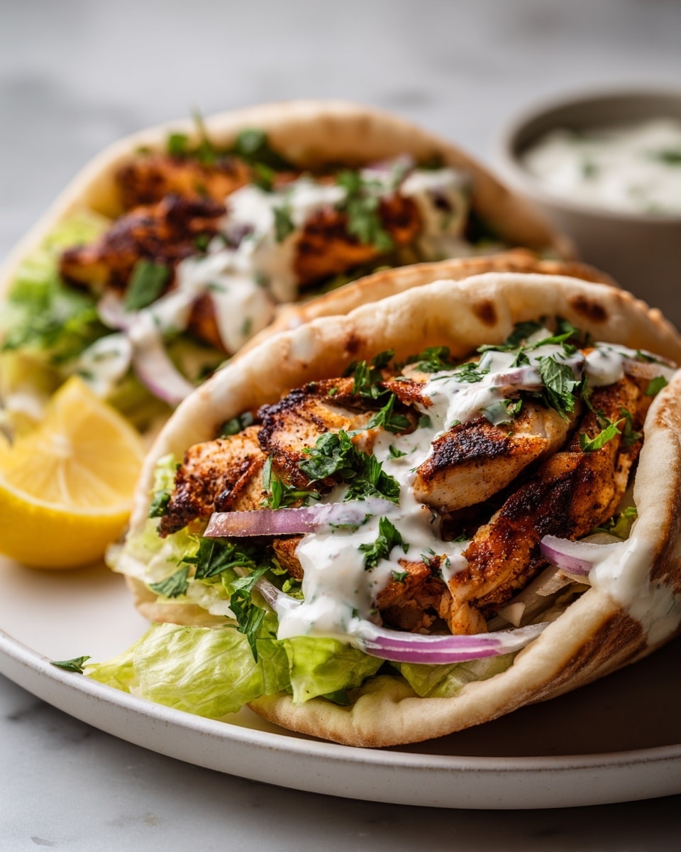 The image shows two pita sandwiches on a white plate, placed on a white marbled surface. Each pita has a thick, golden-brown outer layer, soft and slightly toasted inside. The first layer in the pita is a mix of green lettuce and thin red onion slices, creating a fresh and crunchy base. Next, there is a generous pile of grilled chicken pieces with a dark char and juicy texture. Fresh green parsley leaves are sprinkled over the chicken, adding a bright pop of color. Creamy white sauce is being poured over the chicken, creating a smooth, rich layer that contrasts with the browned meat. A lemon wedge and small dish of the same white sauce are visible in the background. photo taken with an iphone --ar 4:5 --v 7