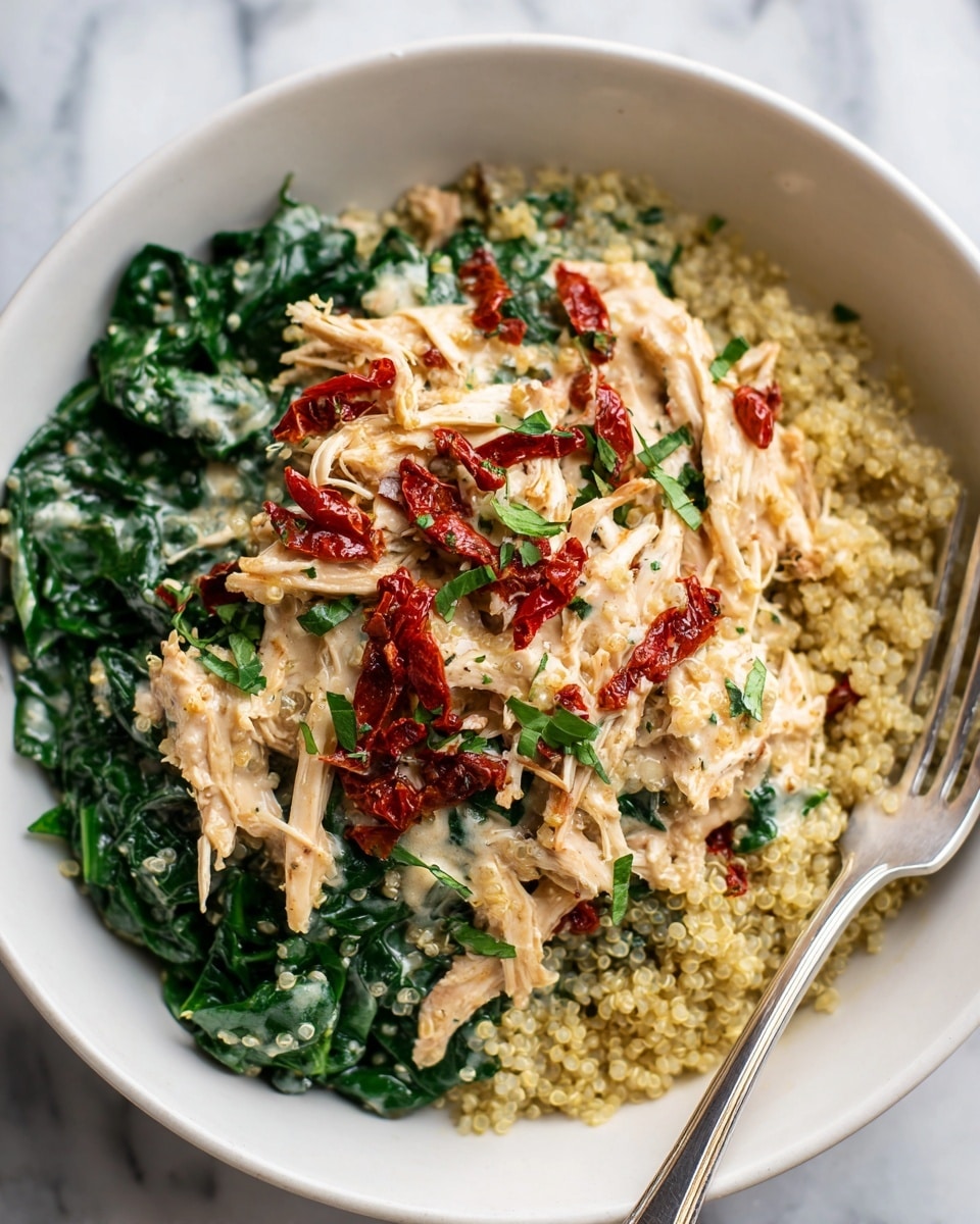 A white bowl filled with a three-layer dish: the bottom layer is light golden quinoa with a slightly fluffy texture, the middle layer consists of bright green cooked spinach leaves, and the top layer features shredded chicken coated in a creamy white sauce, garnished with red sun-dried tomato strips and small green herb pieces. The bowl is placed on a white marbled surface, with a silver fork inside the bowl on the right side. Photo taken with an iphone --ar 4:5 --v 7