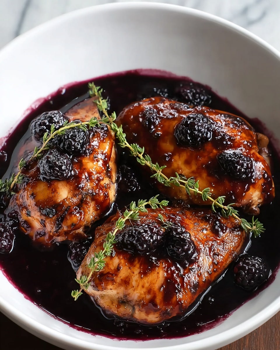 In the white bowl, there are three pieces of cooked chicken thighs with a shiny, dark golden brown glaze that looks slightly sticky and caramelized. The chicken pieces are covered with a deep purple-black blackberry sauce that pools at the bottom, giving a thick, glossy texture. Each piece of chicken is topped with a whole blackberry and fresh green thyme sprigs are placed on top and over the chicken, adding a fresh contrast. The blackberries in the sauce are visible, adding texture and rich dark colors to the dish. The background is a white marbled texture. photo taken with an iphone --ar 4:5 --v 7