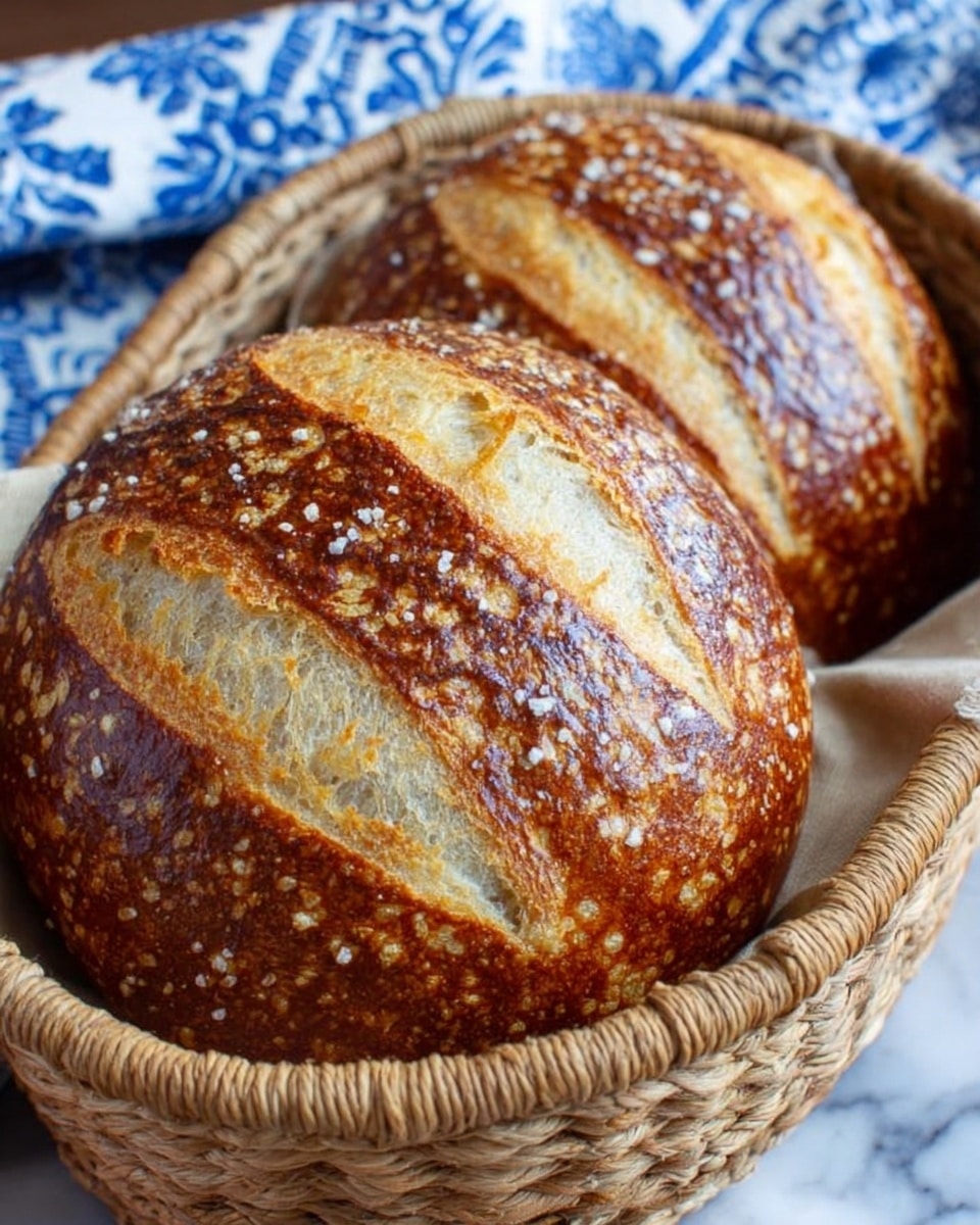 The image shows two round loaves of bread with a deep brown crust, covered in large salt crystals, each loaf has four wide white slashes on the surface exposing the soft inner bread. They sit in a woven basket with a blue and white cloth partially visible behind the basket. The background has a white marbled texture. photo taken with an iphone --ar 4:5 --v 7