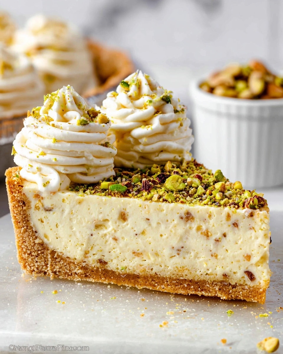 The image shows a pie in a white pie dish placed on a white marbled surface. The first layer is a thick, golden-brown, rough-textured crust with a crimped edge around the dish. Inside the crust is a smooth filling covered by a thick ring of whipped cream piped in swirls evenly spaced around the pie's edge. Light green crushed nuts, likely pistachios, are sprinkled on top of the whipped cream and in the center of the pie. A wooden rolling pin and a small bowl filled with the same crushed nuts are seen behind the pie. Photo taken with an iphone --ar 4:5 --v 7