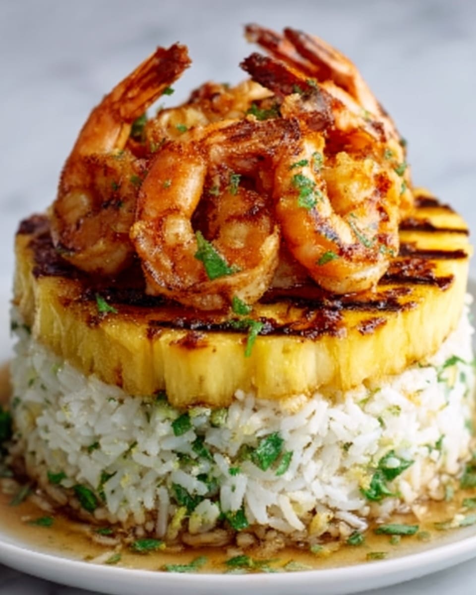 A round dish with three main layers sits on a white plate. The bottom layer is white rice mixed with small green herbs, giving it a speckled green and white look. The middle layer consists of a thick brown sauce, evenly spread, topped with small green herbs. The top layer has three golden-brown shrimp pieces wrapped in light yellow pineapple slices, each tied with a thin green chive. The shrimp and pineapple pieces stand upright, creating a triangular shape. The whole dish is drizzled lightly with more brown sauce and sprinkled with green herbs around the plate edges. Photo taken with an iphone --ar 4:5 --v 7