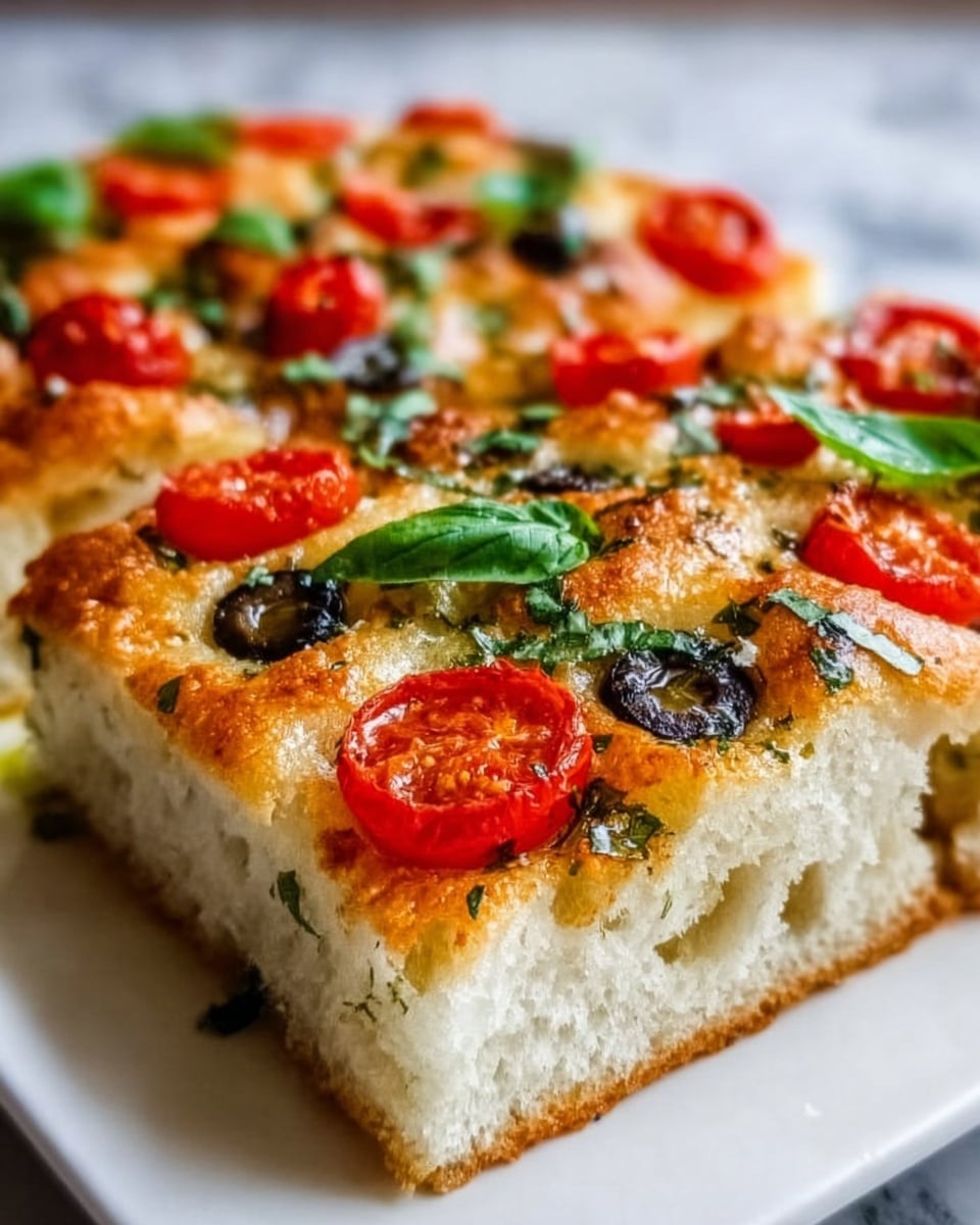 A close-up of a thick, rectangular slice of focaccia bread on a white plate, resting on a white marbled surface. The focaccia has a golden-brown crust with a soft, airy texture inside, topped with bright red cherry tomato halves, thin slices of black olives, small green basil leaves, and a light sprinkle of herbs and coarse salt. The colors are vibrant and fresh, with the red tomatoes and green basil contrasting against the warm bread. photo taken with an iphone --ar 4:5 --v 7