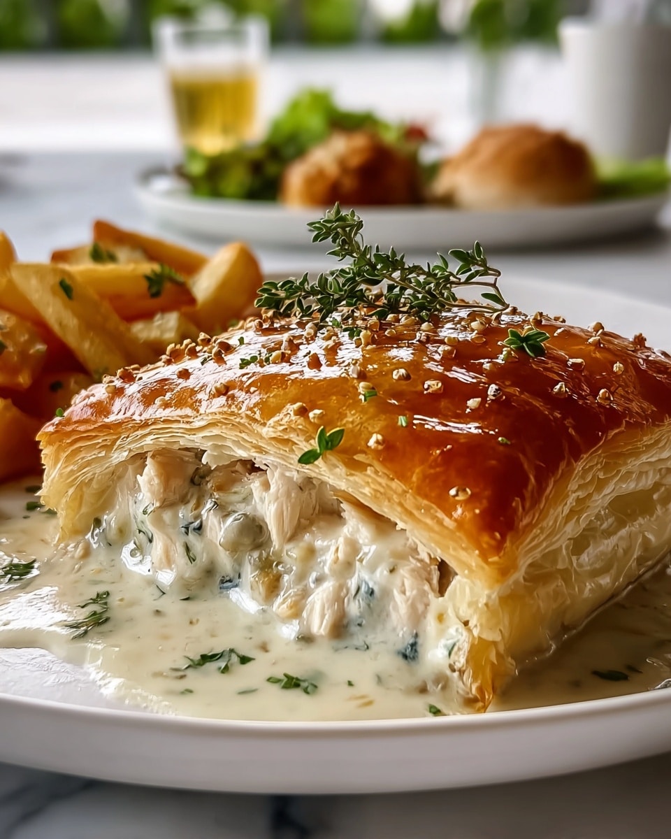 The image shows a golden puff pastry square with a shiny, crispy top layer, cut open to reveal a creamy white sauce filled with herbs and pieces of cooked chicken inside. The pastry has a lattice pattern on top sprinkled with green herbs, and a small sprig of fresh thyme rests on it. The dish is placed on a white plate with a pool of creamy sauce around it. In the blurred background, there are fries and a small bowl of sauce, all set on a white marbled surface. photo taken with an iphone --ar 4:5 --v 7
