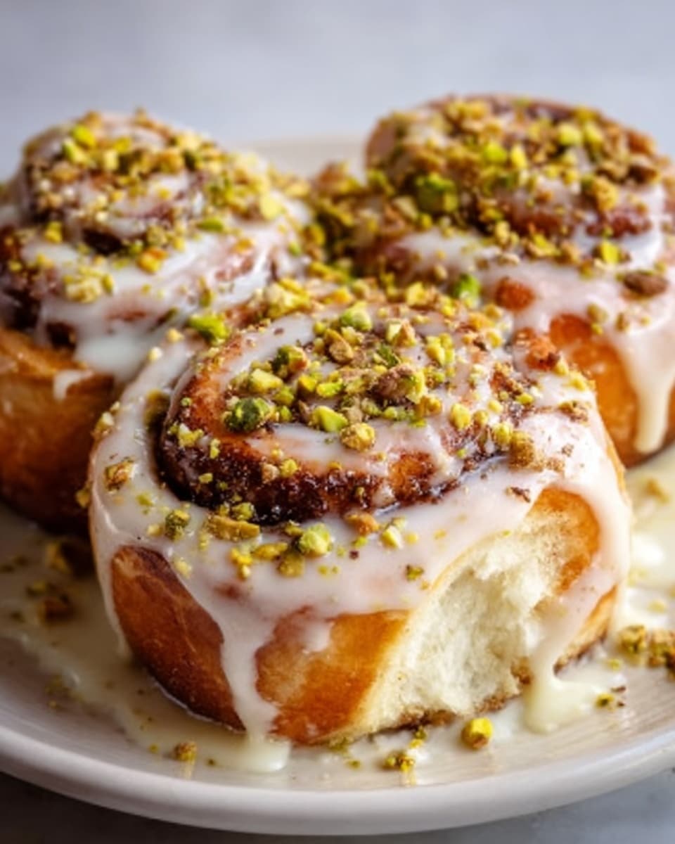 The image shows three cinnamon rolls on a white plate, each roll covered with thick white icing that drips down the sides, pooling slightly at the base. The cinnamon rolls are golden brown with visible swirls of cinnamon inside. Chopped green pistachios are sprinkled generously over the icing, adding texture and color contrast. The plate sits on a white marbled surface, bright and clean. photo taken with an iphone --ar 4:5 --v 7