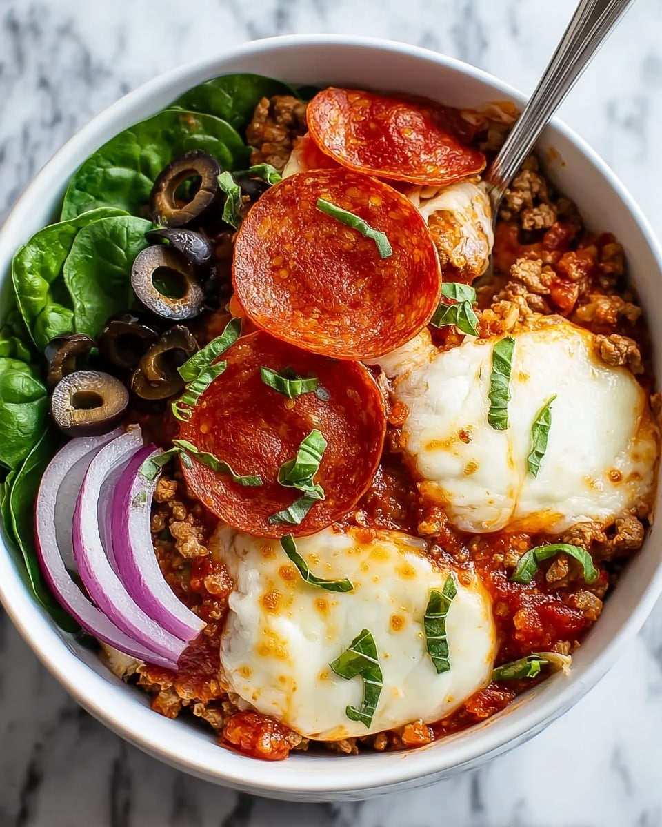 The image shows a white bowl filled with a layered dish starting with a base of chunky red tomato sauce mixed with ground meat and macaroni. On top of the base layer, there are slices of soft melted white cheese with a light golden brown edge, scattered with thin strips of fresh green basil. One side is covered with several glossy, bright red pepperoni slices and sliced black olives. Fresh green spinach leaves peek out at the bottom left corner, and thin rings of purple onion sit near the center. A shiny fork rests inside the bowl on the right, all set on a white marbled surface. Photo taken with an iphone --ar 4:5 --v 7