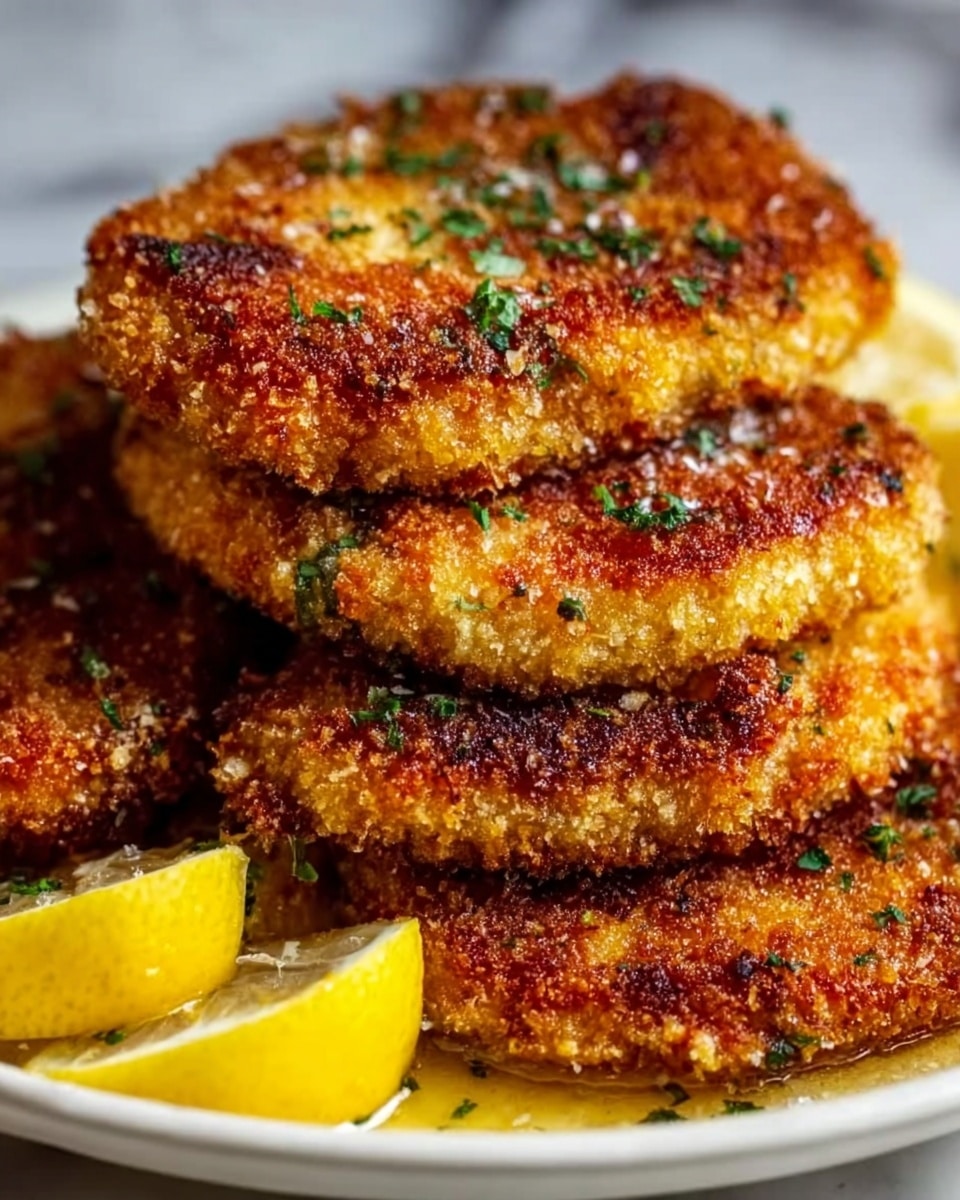 The image shows a close-up of five golden brown fried cutlets stacked unevenly on a white plate. The cutlets have a crunchy, textured coating with small green herb bits sprinkled on top, adding a fresh look. Thin lemon wedges sit at the back edges of the plate, their bright yellow color contrasting with the crispiness of the cutlets. The background is a white marbled texture, highlighting the warm tones of the dish. photo taken with an iphone --ar 4:5 --v 7