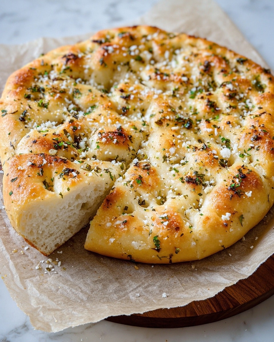 The image shows a round, golden focaccia bread placed on white parchment paper on a wooden board. The focaccia has a thick, soft dough base that is golden-brown on the edges and light yellow with air pockets on top. It is topped with small pieces of toasted garlic, chopped green herbs, and a sprinkle of coarse salt crystals that add texture and color contrast. The surface looks slightly glossy and uneven, showing the bread’s airy and fluffy texture. The background has a white marbled texture. Photo taken with an iphone --ar 4:5 --v 7