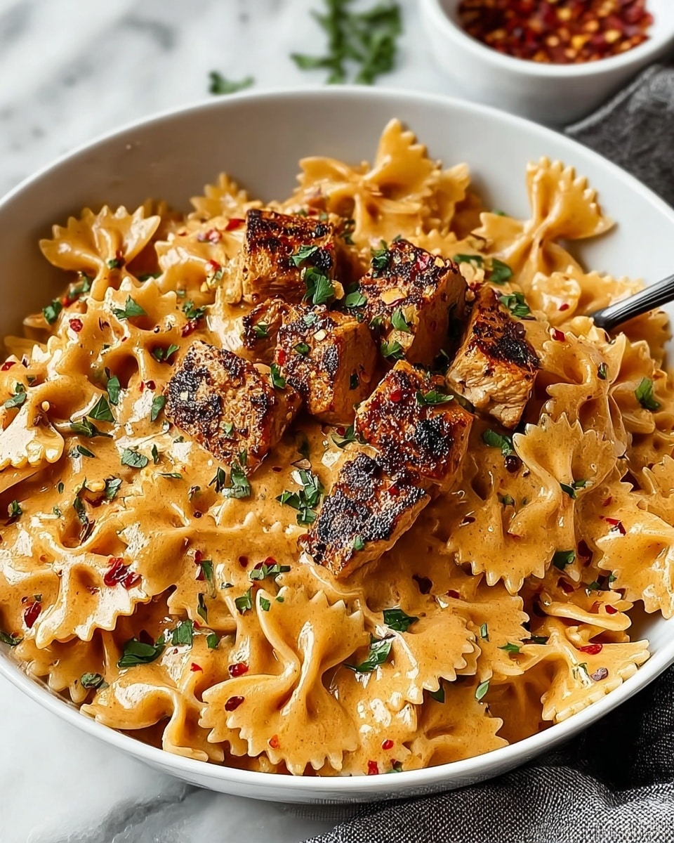A white bowl filled with creamy orange sauce-coated farfalle pasta, topped with several pieces of browned, grilled chicken chunks sprinkled with green herbs. The sauce is smooth and thick, covering each pasta piece evenly. The chicken pieces sit in the center, creating a layered look. Some small red chili flakes and green herbs are scattered on top of the dish. The bowl is placed on a white marbled surface with a grey cloth partially visible beside it, and a white bowl filled with red chili flakes sits slightly out of focus in the background. photo taken with an iphone --ar 4:5 --v 7