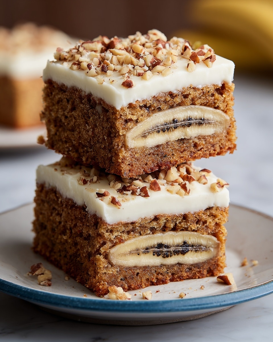 Three square pieces of banana cake are stacked on top of each other on a white plate, each piece showing a middle layer with a visible banana slice embedded inside the soft, brown cake. The cake has a crumbly texture with small dark spots, likely raisins or nuts. Each square is topped with a thick layer of creamy white frosting sprinkled with chopped nuts. The background features a white marbled surface with some scattered crumbs and nuts around the plate. Photo taken with an iphone --ar 4:5 --v 7