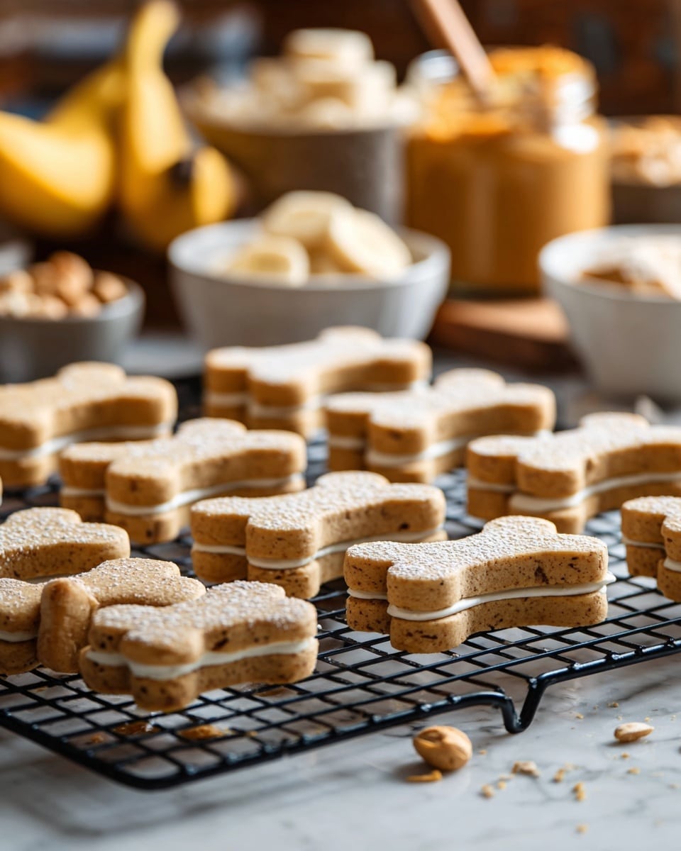 The image shows multiple dog bone-shaped cookies arranged in rows on a black wire cooling rack. Each cookie is a light brown color with a slightly speckled texture, and some have a light dusting of white powdered sugar on top. The background shows blurred elements including a jar of peanut butter, a whole banana, several small bowls containing slices of banana and more cookies, all set on a white marbled surface. The cookies appear thick and slightly crumbly with a rough surface texture. Photo taken with an iphone --ar 4:5 --v 7