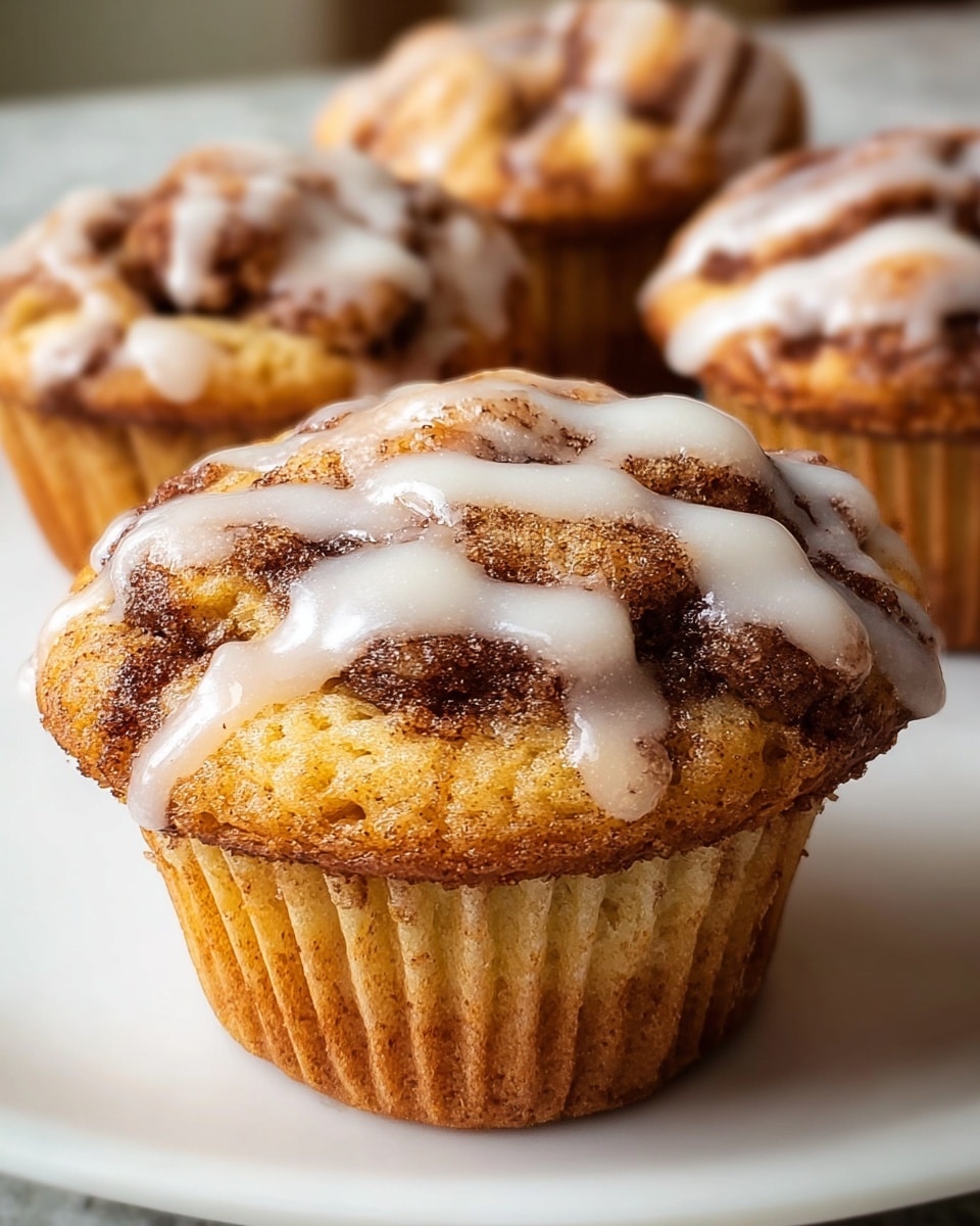 A close-up of a cinnamon muffin showing its golden brown textured base with visible cinnamon swirls baked inside. The top layer is uneven and slightly cracked, covered with dark cinnamon spice and a thick white glaze drizzled in lines across the muffin's surface. More cinnamon muffins with similar glaze and texture are blurred in the background, all placed on a white plate set on a white marbled texture. Photo taken with an iphone --ar 4:5 --v 7