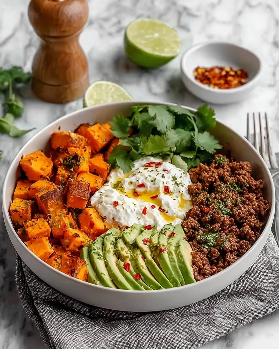 A white bowl filled with four main layers arranged side by side: bright orange roasted sweet potato cubes on the left, next to light green sliced avocado sprinkled with red pepper flakes, followed by a central layer of white cottage cheese topped with a drizzle of golden oil and red pepper flakes, and on the right, a pile of dark brown crumbled cooked ground meat garnished with small green herbs. The bowl sits on a gray cloth with a white marbled surface beneath it. In the background, a cut lime half, lime wedge, wooden pepper grinder, and small white bowl of red chili flakes are visible. Photo taken with an iphone --ar 4:5 --v 7