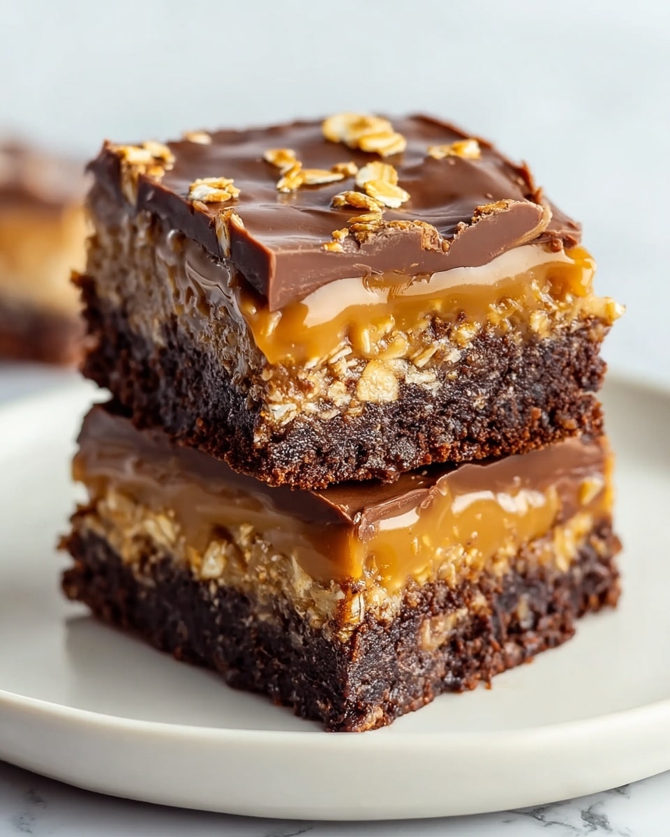 A close-up of two stacked square brownies on a white plate, placed on a white marbled surface. Each brownie has three layers: the bottom and middle layers are thick, dark brown, moist chocolate cake, while the top layers are a smooth, glossy caramel with crunchy golden cornflakes mixed in. The caramel layer slightly drips over the cake edges, creating a rich texture contrast. The top brownie shows a swirled caramel surface with visible cornflakes, giving a crunchy look to the soft cake underneath. Photo taken with an iphone --ar 4:5 --v 7