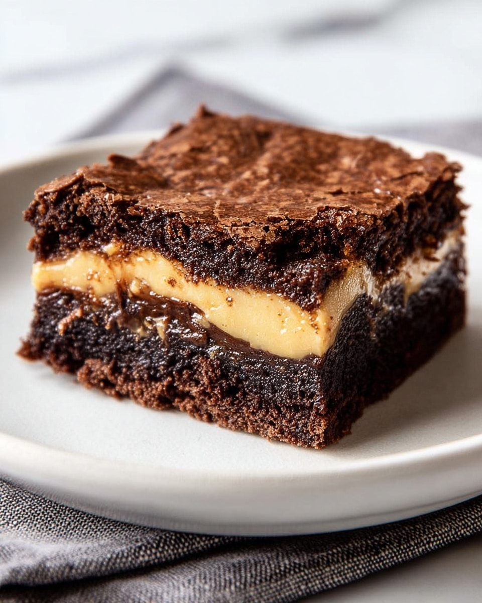 A square brownie piece with three visible layers sits on a white plate. The top and bottom layers are dark brown, moist, and fudgy with a slightly cracked surface. Between them is a creamy, light tan layer of peanut butter filling that looks smooth and thick. The brownie edge shows a bite taken out, revealing the soft texture inside. The plate rests on a soft, gray cloth, with a white marbled texture underneath. Photo taken with an iphone --ar 4:5 --v 7