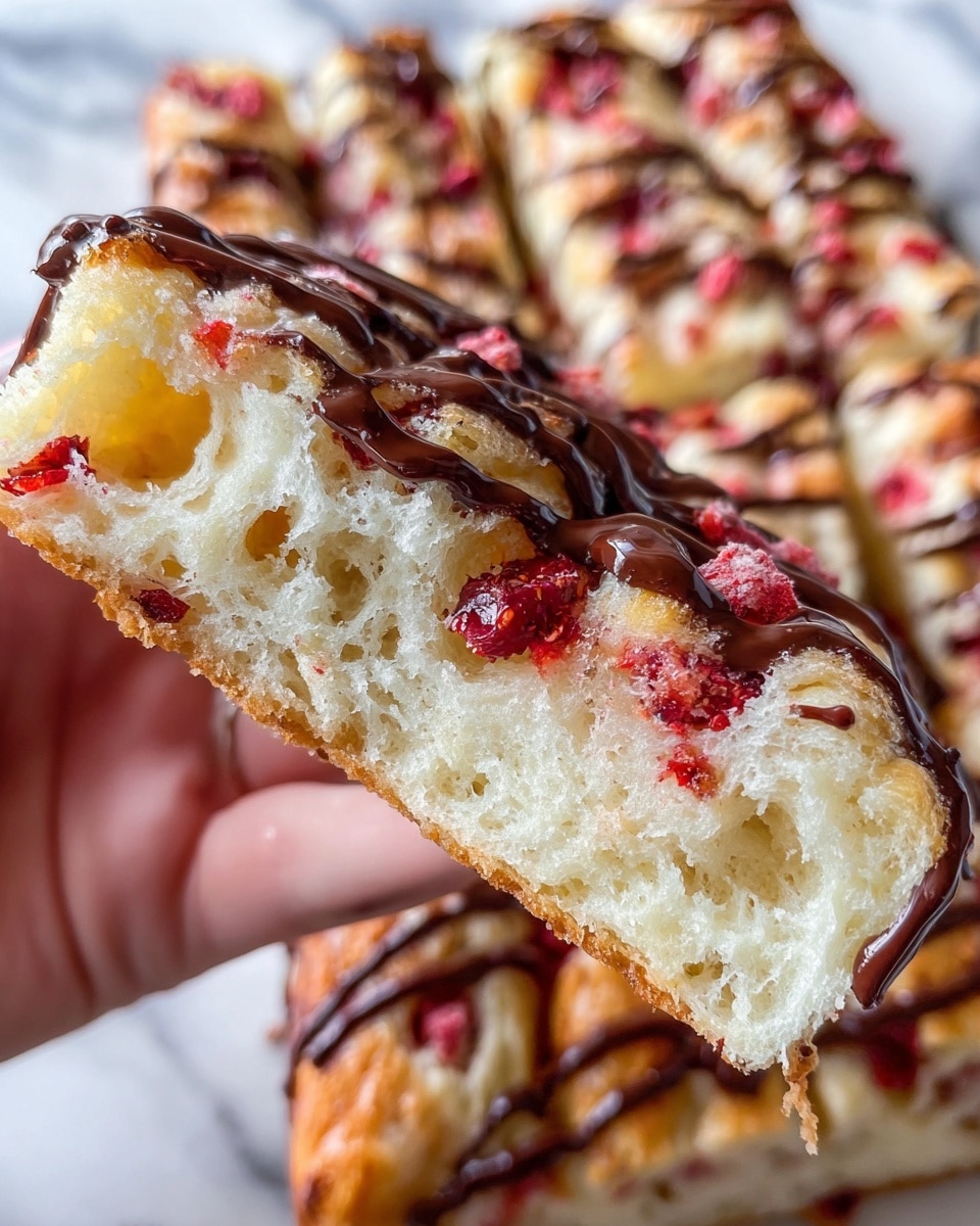 A close-up view showing a woman’s hand holding a piece of bread with a light, airy, and porous texture, topped with a shiny layer of dark chocolate and small bits of red fruit. The bread piece is thick and fluffy with visible holes in its soft inside. Below the hand, there is a larger white plate filled with more slices of the same bread, each topped with dark chocolate drizzles and red fruit pieces, all resting on a white marbled surface. photo taken with an iphone --ar 4:5 --v 7