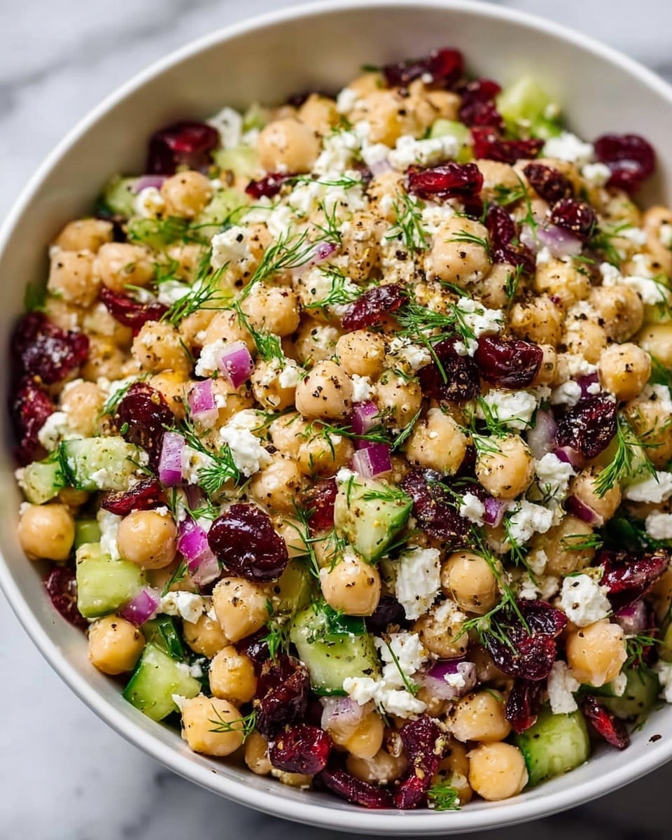 A close-up view of a chickpea salad in a white bowl on a white marbled texture surface. The dish has multiple layers: the base layer is round, smooth, light beige chickpeas; mixed with bright green, diced cucumber pieces adding a fresh touch; scattered dark red dried cranberries that create contrast; small chunks of white feta cheese, crumbly in texture, spread evenly; finely chopped red onion pieces with a vivid purple color; and sprigs of fresh green dill sprinkled over the top. The salad is lightly seasoned with black pepper, visible as small black specks throughout. photo taken with an iphone --ar 4:5 --v 7