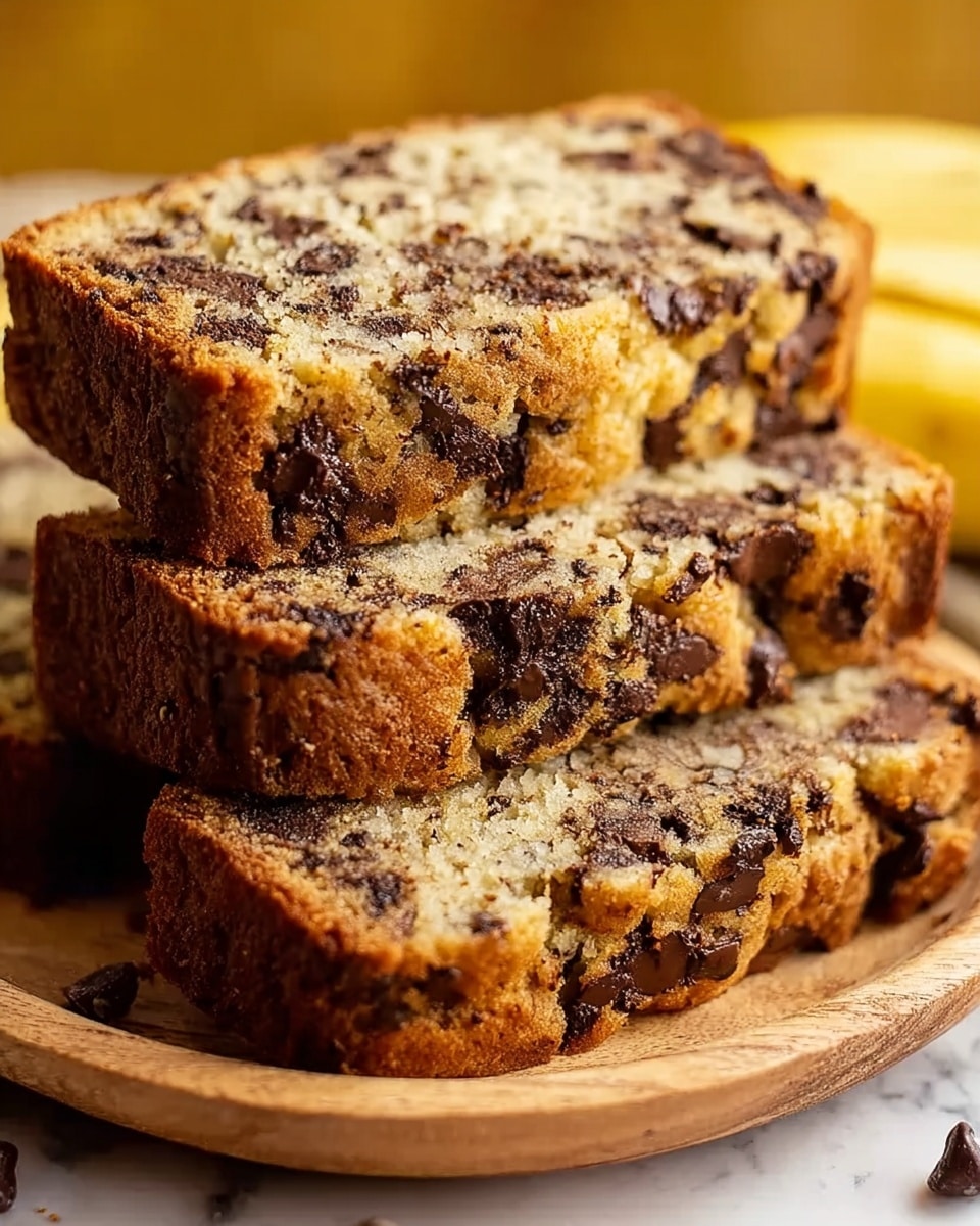 A close-up view of three thick slices of chocolate chip banana bread stacked slightly tilted on a light wooden plate, showing dense, moist crumb with many dark brown chocolate chunks scattered throughout the pale yellow bread. The bread crust is golden brown with a soft texture on the edges, and the background is softly blurred in warm yellow tones over a white marbled surface. photo taken with an iphone --ar 4:5 --v 7