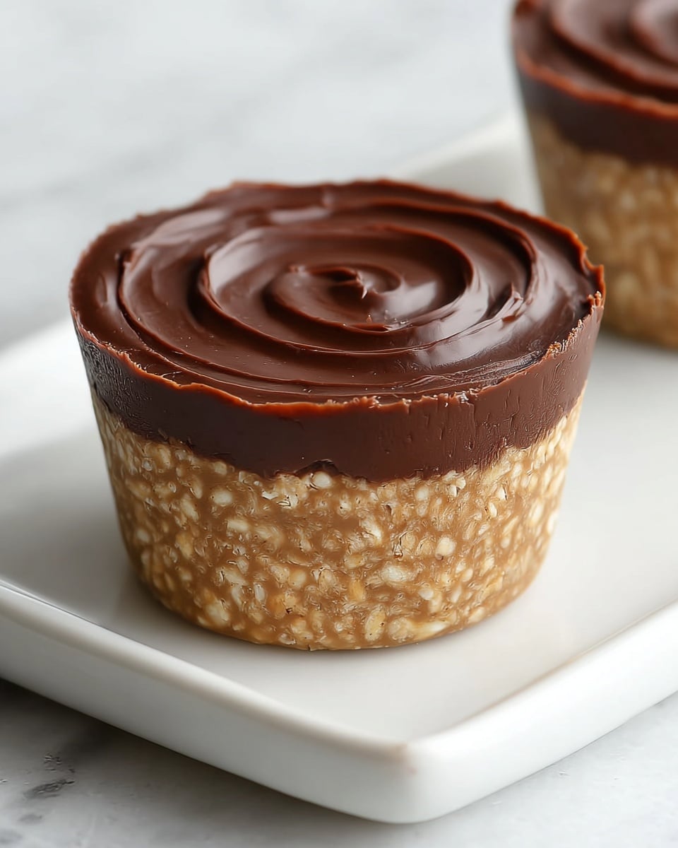A close-up view of a small dessert cup with two visible layers, placed on a white plate with a white marbled background. The bottom layer is thick with a bumpy texture, light tan color, resembling a peanut or oat base, while the top layer is smooth and glossy dark chocolate, gently swirled with a slight shine. The dessert edges appear slightly uneven where the chocolate meets the base. Two more similar dessert cups are blurred in the background. photo taken with an iphone --ar 4:5 --v 7