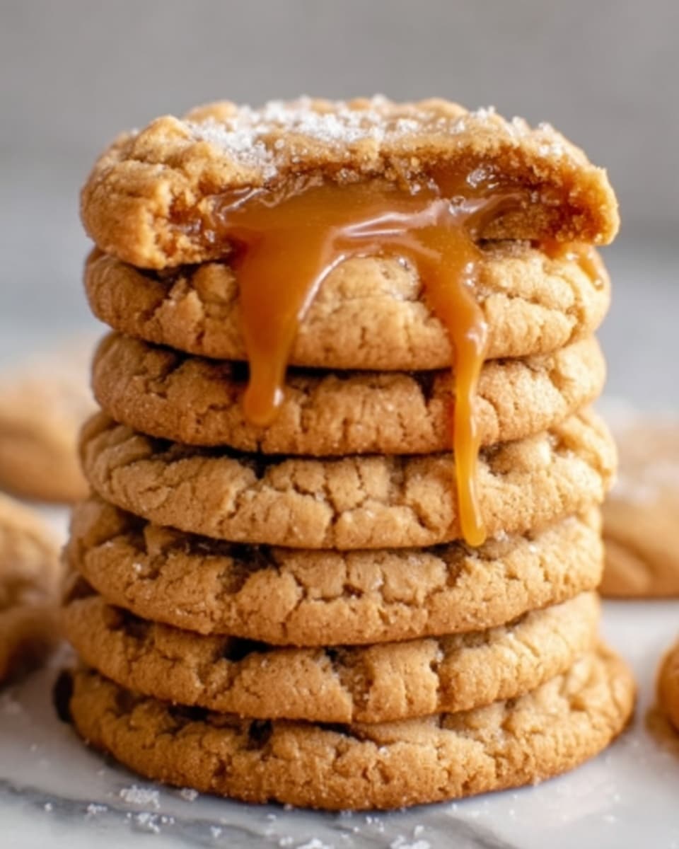 A stack of five soft, thick cookies with a golden-brown color is shown, each cookie having a slightly cracked surface and firm edges. On the top cookie, there is a pool of smooth, shiny caramel sauce oozing gently over its side. The cookies look chewy and dense, with a light sprinkle of coarse salt on top of the caramel. The stack sits on a white plate placed on a white marbled surface. Photo taken with an iphone --ar 4:5 --v 7