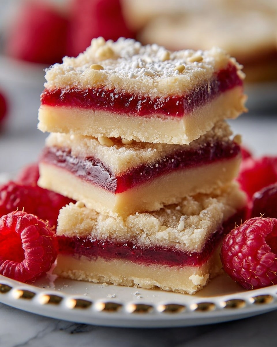 The image shows a stack of three square dessert bars on an ornate white plate, placed on a white marbled texture. Each bar has three clear layers: a thick pale yellow base with a crumbly texture, a middle layer of bright red raspberry jam with a shiny, gel-like appearance, and a top pale yellow crumbly layer sprinkled lightly with powdered sugar. Around the bars, fresh whole raspberries add a burst of red color. The background is softly blurred, focusing on the rich colors and textures of the layered bars. Photo taken with an iphone --ar 4:5 --v 7