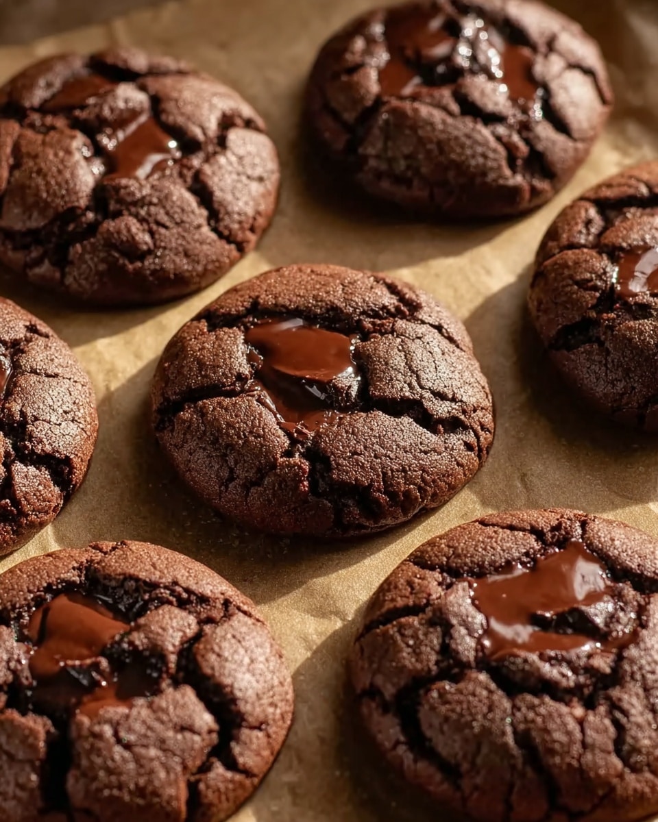 The image shows several round chocolate cookies on a light brown parchment paper, each cookie is thick with a rough, cracked surface. On top of each cookie, there are three shiny, melted chocolate drops arranged in a triangle shape, contrasting with the darker, matte cookie dough. The cookies have a rich, deep brown color with visible cracks revealing the soft texture inside. Light shines warmly on the cookies, highlighting their glossy chocolate drops and giving a cozy feel. The background is a white marbled surface. photo taken with an iphone --ar 4:5 --v 7