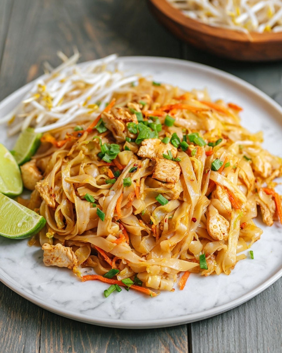 A pile of stir-fried flat rice noodles in light golden color fills the white round plate, mixed with scattered small pieces of browned chicken and thin carrot strips that add a touch of orange. The noodles are topped with bright green chopped spring onions and small red chili flakes. On one side, there is a small bunch of fresh white bean sprouts alongside a bright green lime wedge casting a fresh contrast. The plate sits on a wooden table, but the background should be imagined as white marble texture for the prompt. photo taken with an iphone --ar 4:5 --v 7