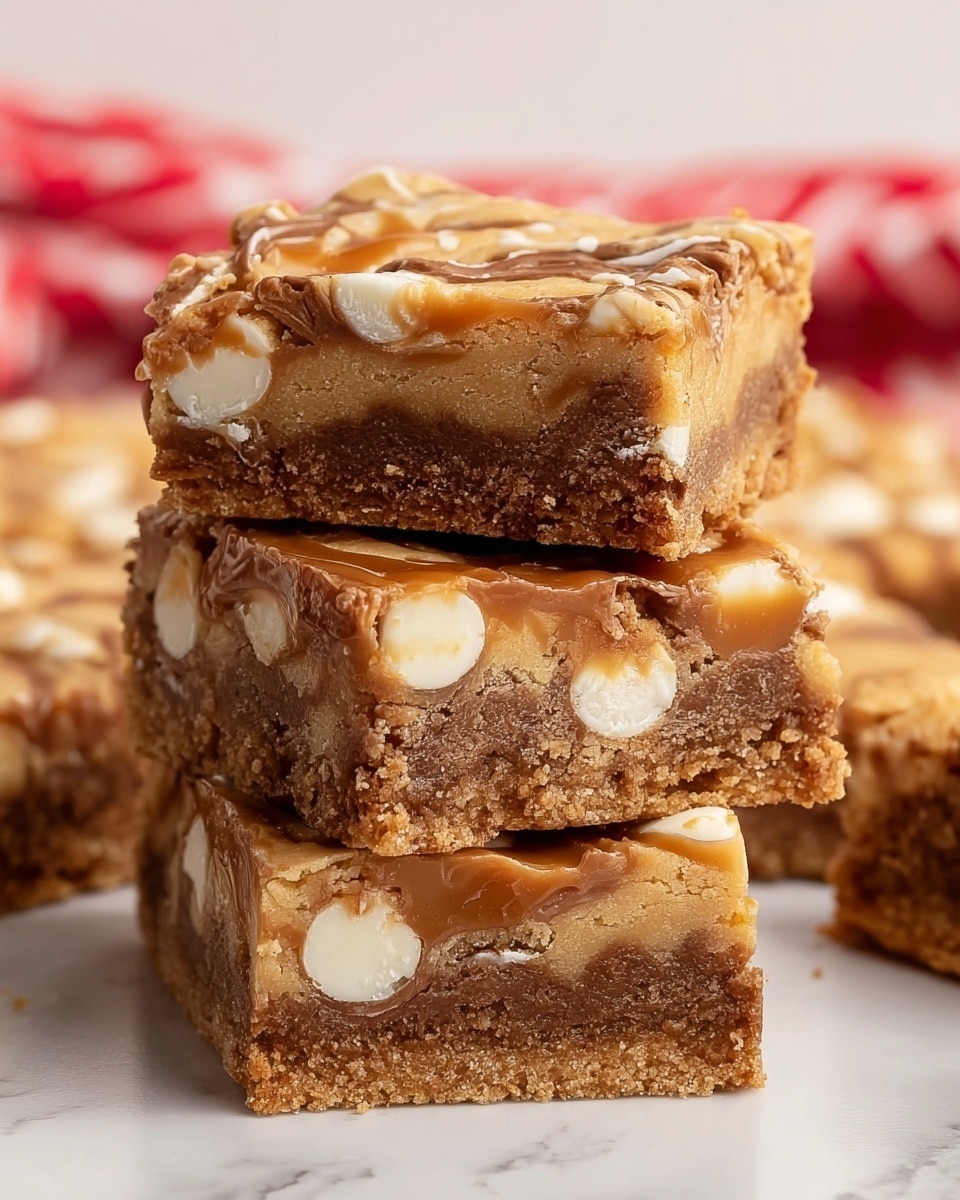 The image shows three thick square bars stacked on top of each other. Each bar has three visible layers: a crumbly golden-brown crust at the bottom, a dense light brown middle layer with white chocolate chips scattered inside, and a top layer that is golden with melted caramel swirled across it. The texture of the bars looks soft and slightly gooey with some crumbly edges. They are placed on a white marbled surface with a soft red and white cloth in the blurry background. Photo taken with an iphone --ar 4:5 --v 7