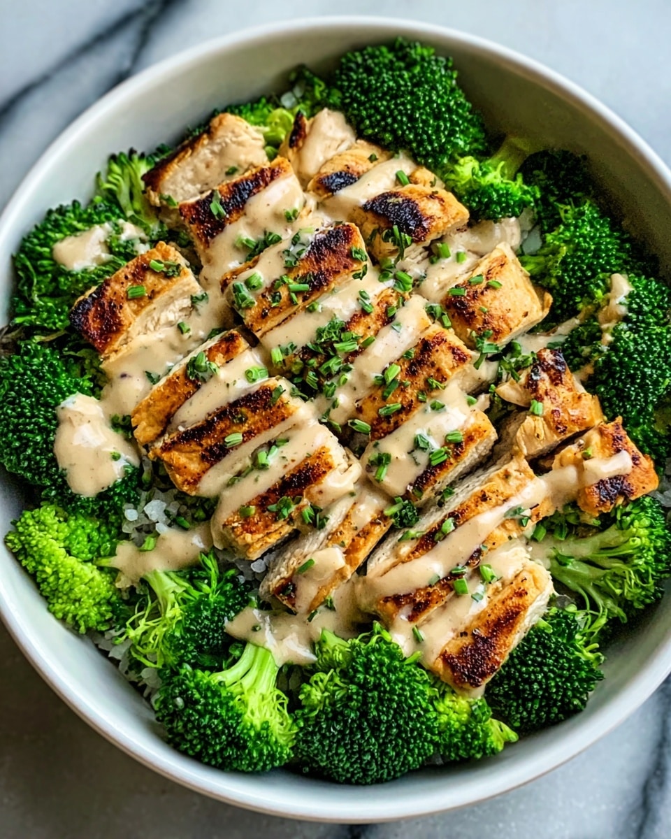 A white bowl filled with a bed of bright green broccoli florets forming the bottom layer, topped with several pieces of grilled chicken breast that have dark brown grill marks and a slightly crispy texture. The chicken pieces are arranged neatly in the center, covered by a creamy white sauce drizzled over them, with fresh chopped green herbs sprinkled on top. The bowl is placed on a white marbled surface. Photo taken with an iphone --ar 4:5 --v 7