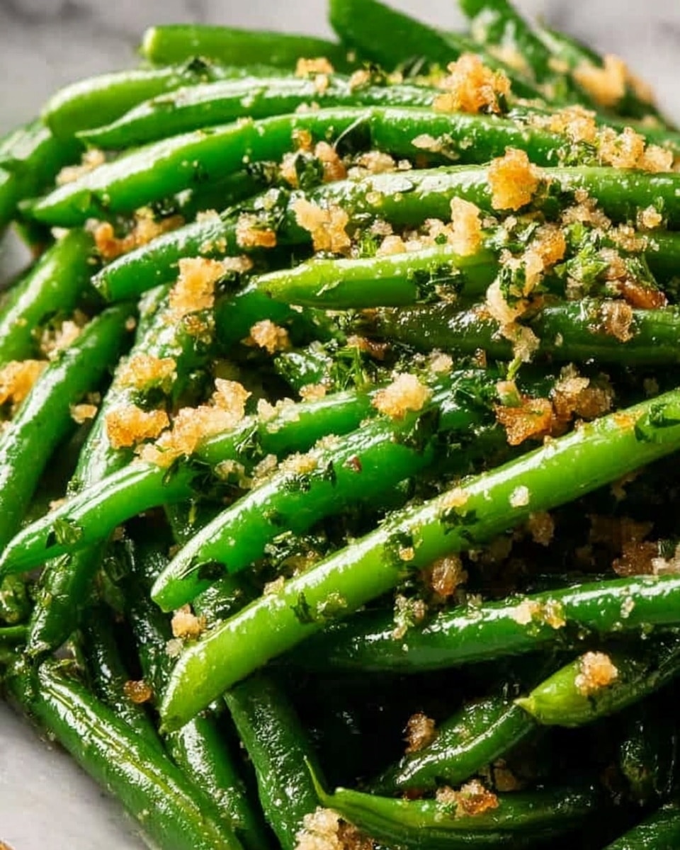 The dish shows bright green beans coated in a light layer of oil, sprinkled evenly with small, golden-brown crispy bits and finely chopped herbs that add texture and contrast. The green beans are piled in a slightly messy way, making them look fresh and natural. The photo is close-up, capturing the glossy shine of the beans and the small crumbs on top against a white marbled surface. Photo taken with an iphone --ar 4:5 --v 7