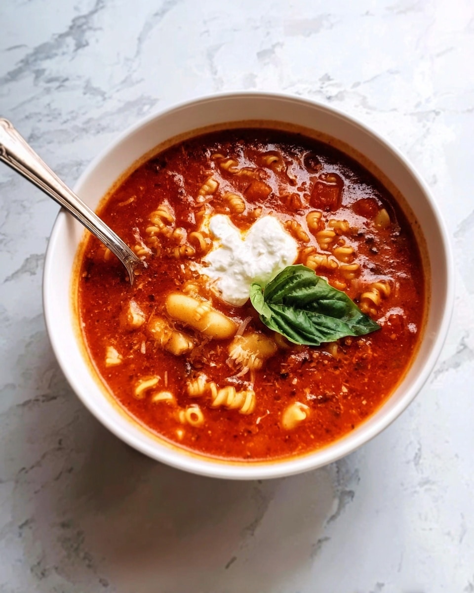A white bowl filled with a rich, reddish-brown tomato soup that has visible small pieces of ground meat and tiny pasta pieces floating inside. On top of the soup, there is a small mound of white ricotta cheese garnished with a fresh green basil leaf. A silver spoon rests inside the bowl, leaning on the side. The bowl is placed on a white marbled surface. photo taken with an iphone --ar 4:5 --v 7