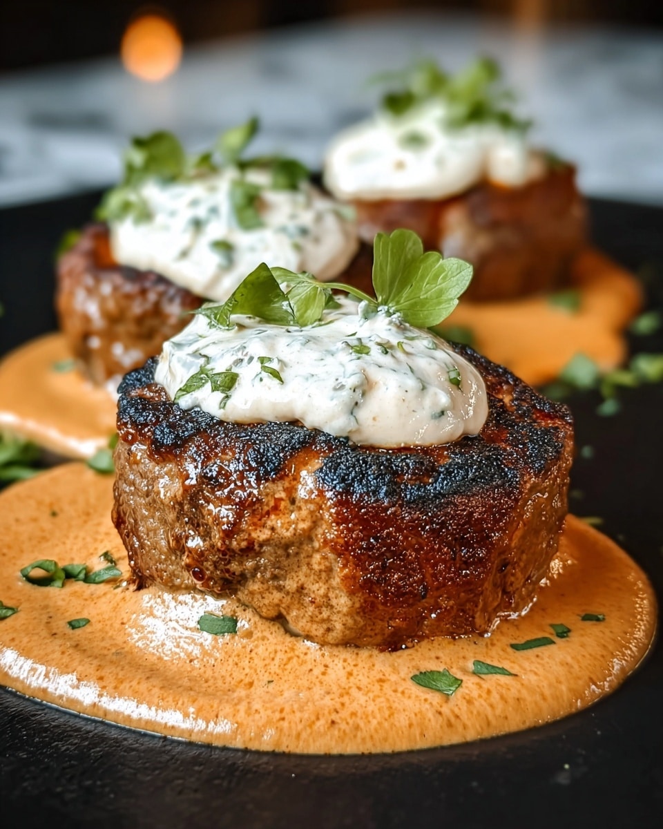 The image shows three thick, round pieces of grilled meat patties with a charred, dark brown crust on top and a slightly moist texture on the sides. Each patty is sitting on a creamy, orange-brown sauce that looks rich and smooth, spreading underneath and around the bottom. On top of each patty, there is a dollop of white cream sauce with small green herb pieces mixed in, and a few fresh green leaves placed on the very top as garnish. The food is placed on a black surface with a white marbled texture blurred in the background. Photo taken with an iphone --ar 4:5 --v 7