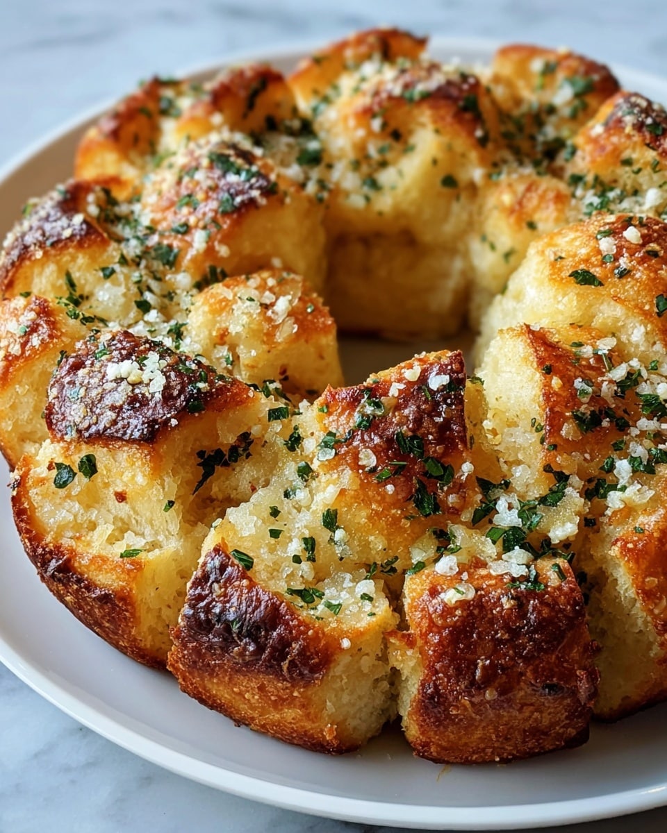 A round bread ring made of soft, golden brown pieces arranged closely in a circle on a white plate. Each piece has a slightly crispy, dark brown top and a fluffy, light golden-yellow inside. The bread is sprinkled with white grated cheese and chopped green herbs, giving it a fresh look. The bread’s texture looks airy and moist with a mix of rough and smooth surfaces. The plate sits on a white marbled background. photo taken with an iphone --ar 4:5 --v 7