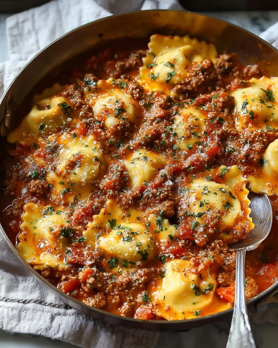 The image shows a pan filled with ravioli pasta pieces in a thick meat sauce. There are about two layers; the first layer is a rich, chunky tomato meat sauce with ground meat and small tomato bits, colored reddish-brown with some green herb sprinkles. The second layer consists of plump ravioli with creamy yellow pasta edges and some sauce on top, sprinkled with black pepper and grated cheese. A silver spoon is partially visible on the right side, gently resting in the sauce. The pan is placed on a light cloth, all set on a white marbled surface. photo taken with an iphone --ar 4:5 --v 7