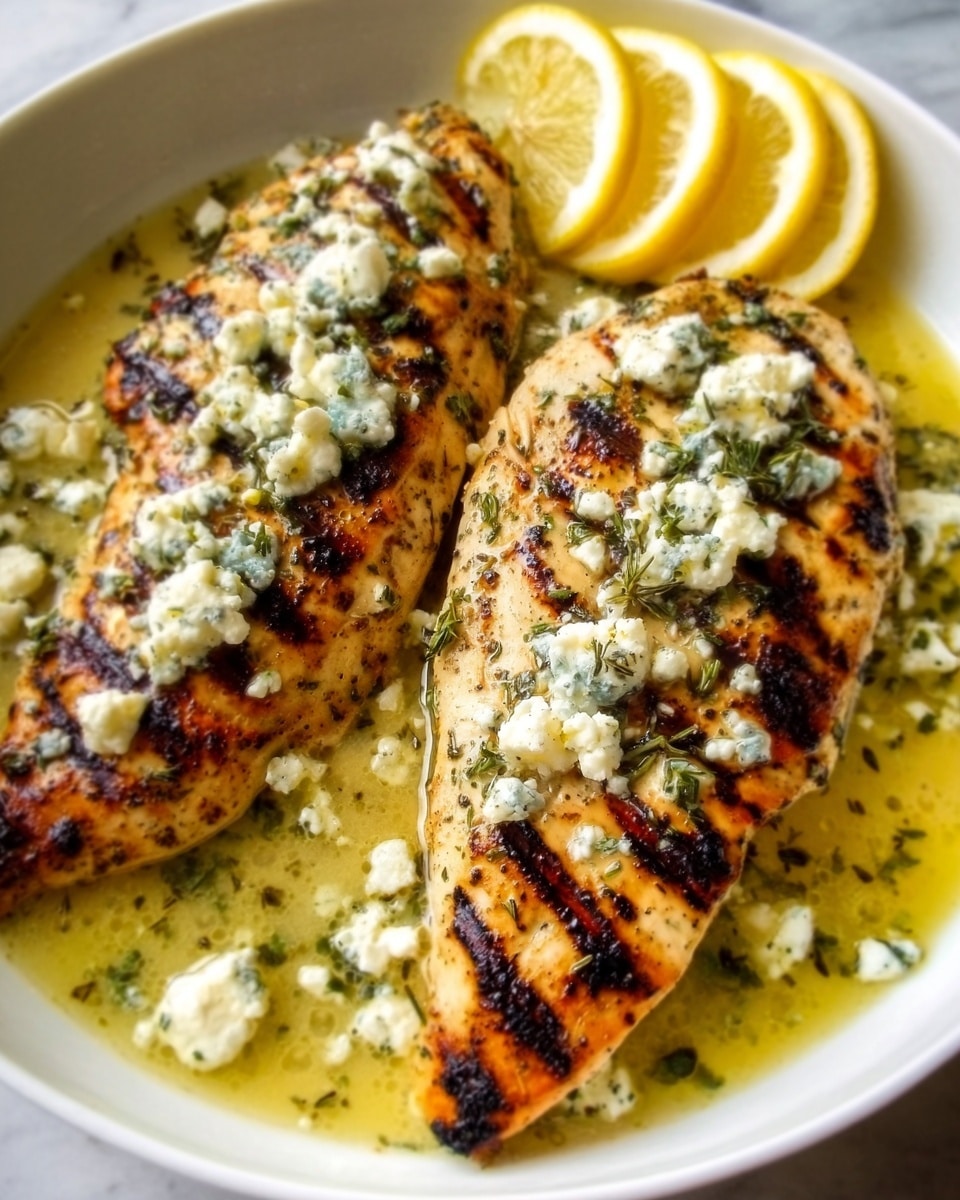 The image shows a white bowl filled with grilled chicken breasts sliced into even pieces arranged in a single layer. The chicken has a golden-brown color with visible grill marks and is topped with crumbled white cheese and small green herb bits scattered all over. Several lemon slices are placed behind the chicken inside the bowl, and the whole dish sits on a white marbled surface. The lighting highlights the juicy texture of the chicken and the crumbly cheese on top. photo taken with an iphone --ar 4:5 --v 7