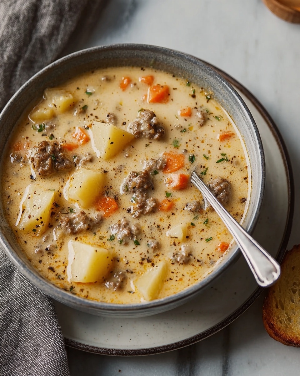 A bowl of creamy soup filled with several chunky pieces of light yellow potato, small orange carrot cubes, and brown minced meat clusters, all floating in a thick beige liquid speckled with herbs and black pepper. The soup is served in a round white bowl with a thin gray rim, placed on a matching white plate. A metal spoon rests inside the bowl on the right side. The background features a white marbled surface and a gray cloth napkin partially seen on the left, with a small toasted bread round on the right side near the bowl. photo taken with an iphone --ar 4:5 --v 7