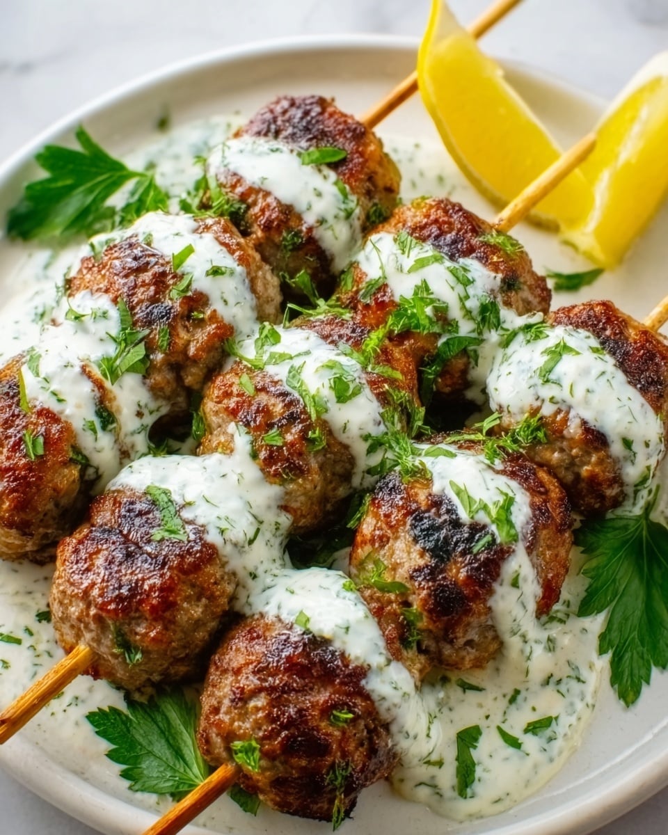 The image shows three skewers of grilled meatballs arranged side by side on a white plate, each skewer holding evenly browned meatballs with a slightly crispy texture. A thick white sauce with green herbs is drizzled in stripes over the skewers, adding contrast. The plate is garnished with a small slice of yellow lemon and a green parsley leaf on the side. The background is a white marbled texture. Photo taken with an iphone --ar 4:5 --v 7