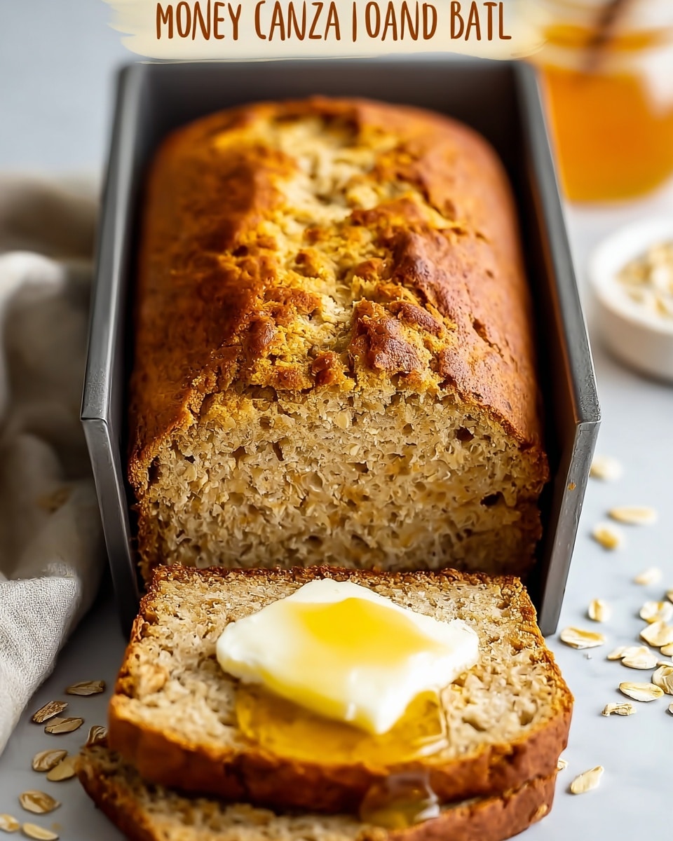 A close-up of a rectangular honey-cinnamon oatmeal bread loaf in a metal baking pan, showing a golden-brown cracked top with a soft texture underneath. In front of the pan, there are two slices of bread stacked slightly, with the top slice featuring a shiny pat of melting butter and some honey dripping over it, revealing a light brown, porous crumb inside. Around the bread, scattered oatmeal flakes and some honey drops are visible, all set on a white marbled surface. photo taken with an iphone --ar 4:5 --v 7