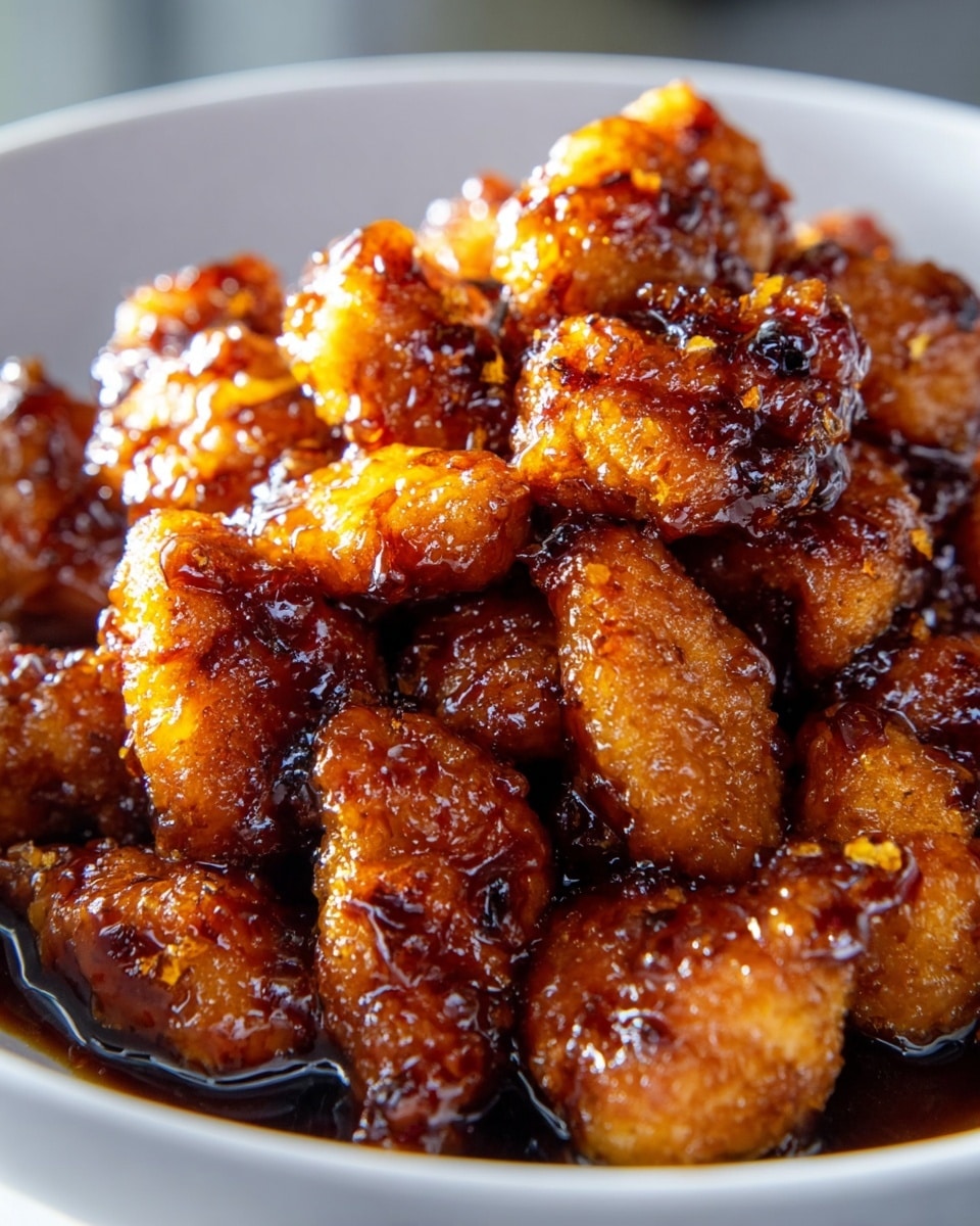 A close-up view of crispy, golden-brown chicken pieces glazed with a thick, sticky, dark brown sauce that shines under the light. The chicken pieces are piled high in a white bowl, showing a mix of rough, crunchy textures and smooth, glossy syrup coating each piece evenly. The sauce pools slightly at the bottom, adding a rich, wet shine that contrasts with the chicken's crispy edges. The white marbled surface underneath adds a clean, bright backdrop. photo taken with an iphone --ar 4:5 --v 7