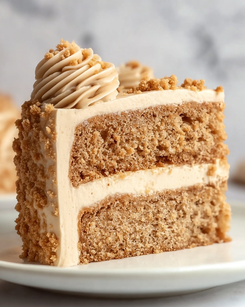 A close-up image of a two-layer brown cake with a thick middle layer of light brown creamy frosting between the layers and covering the outside of the cake. The top layer of frosting has a swirl decoration with crumb-like brown sprinkles scattered over it. The cake is placed on a white plate set on a white marbled surface. photo taken with an iphone --ar 4:5 --v 7