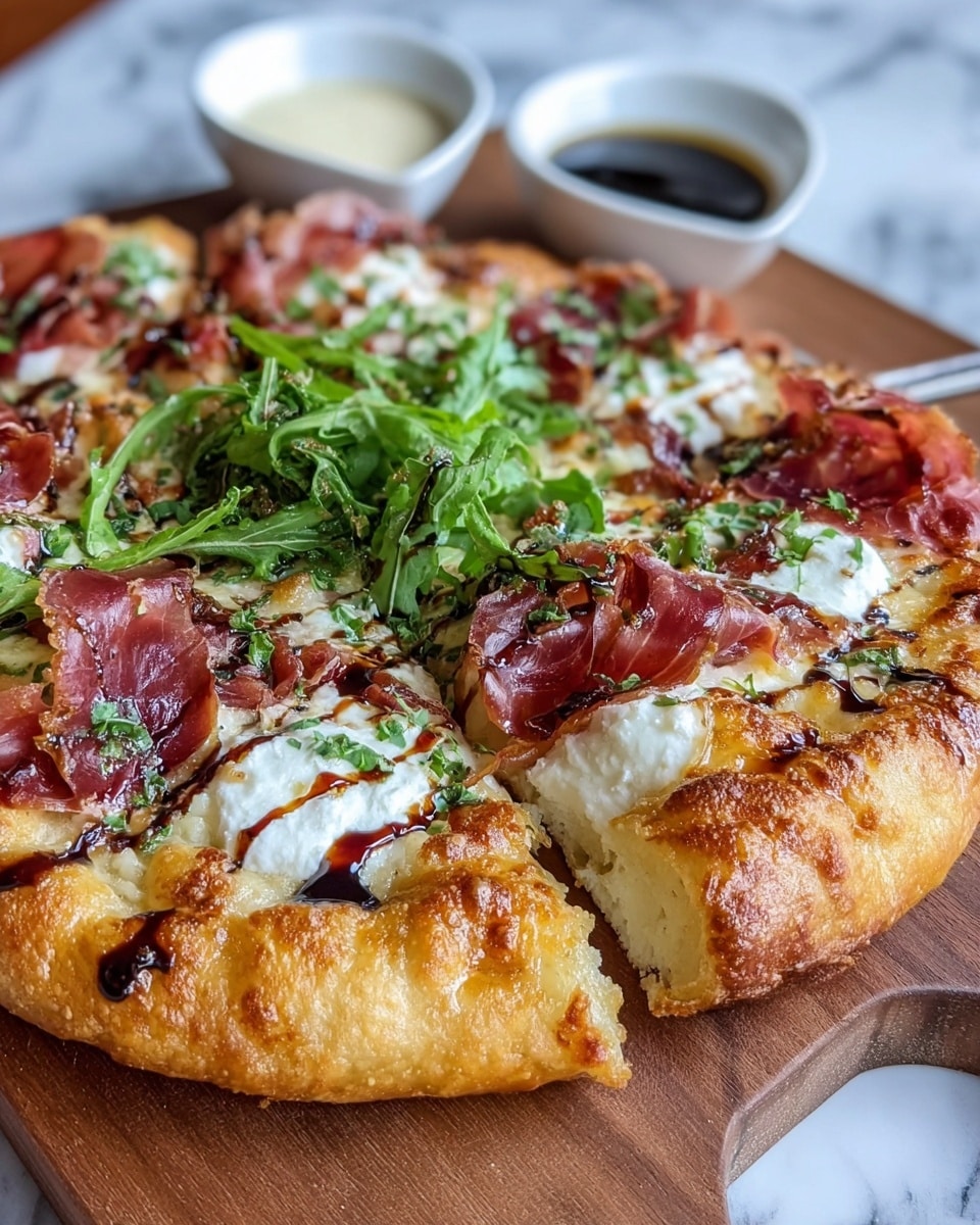 A close-up view of a round pizza with a thick, golden-brown crust that looks crispy and fluffy. The first layer is melted cheese covering the base, topped with dollops of white, creamy ricotta cheese. Thin slices of reddish-pink cured meat are scattered on top, with fresh green arugula leaves spread mainly in the center. There are small drizzles of dark balsamic glaze on the crust and cheese, giving a glossy touch. The pizza is placed on a wooden board with two small white bowls of sauce behind it. The background surface is white marbled texture. Photo taken with an iphone --ar 4:5 --v 7