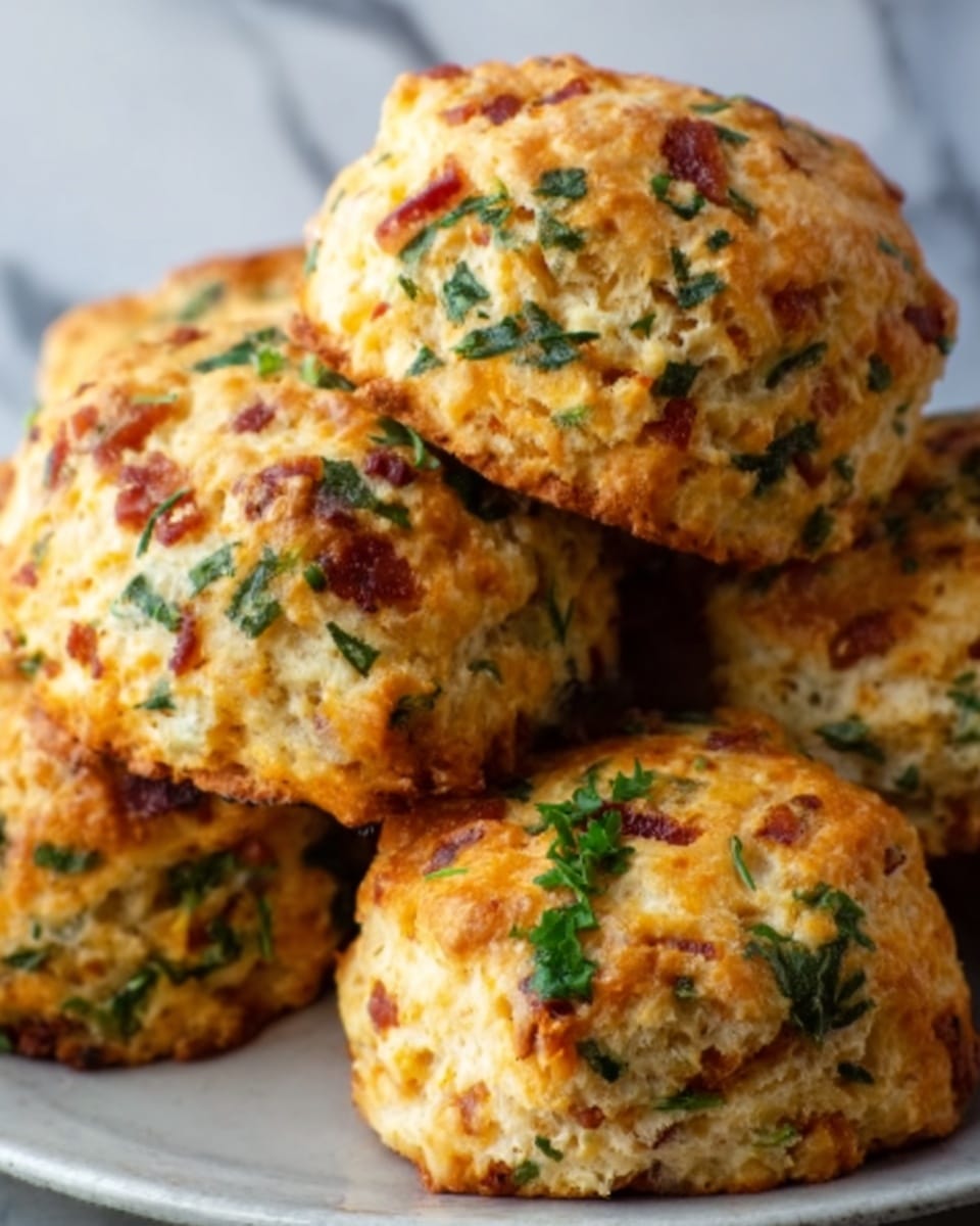 The image shows a close-up of several golden-brown savory scones stacked on a white plate. Each scone has a rough texture with visible chunks of green herbs and bits of red, likely bacon or peppers, mixed throughout the dough. The scones have a slightly crispy outside and a soft, crumbly inside. The background is a white marbled surface that contrasts with the warm colors of the scones. photo taken with an iphone --ar 4:5 --v 7