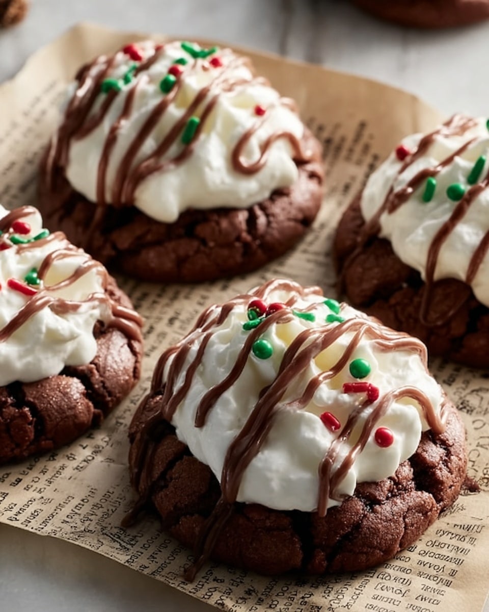 The image shows four chocolate cookies with a cracked dark brown base as the first layer. On top of each cookie is a thick, fluffy white whipped cream layer that looks soft and smooth. Over the whipped cream, there are thin, wavy lines of light brown chocolate sauce drizzled diagonally. Small red and green round sprinkles are scattered on the whipped cream for decoration. The cookies rest on newsprint-style parchment paper placed on a white marbled surface. The photo taken with an iphone --ar 4:5 --v 7