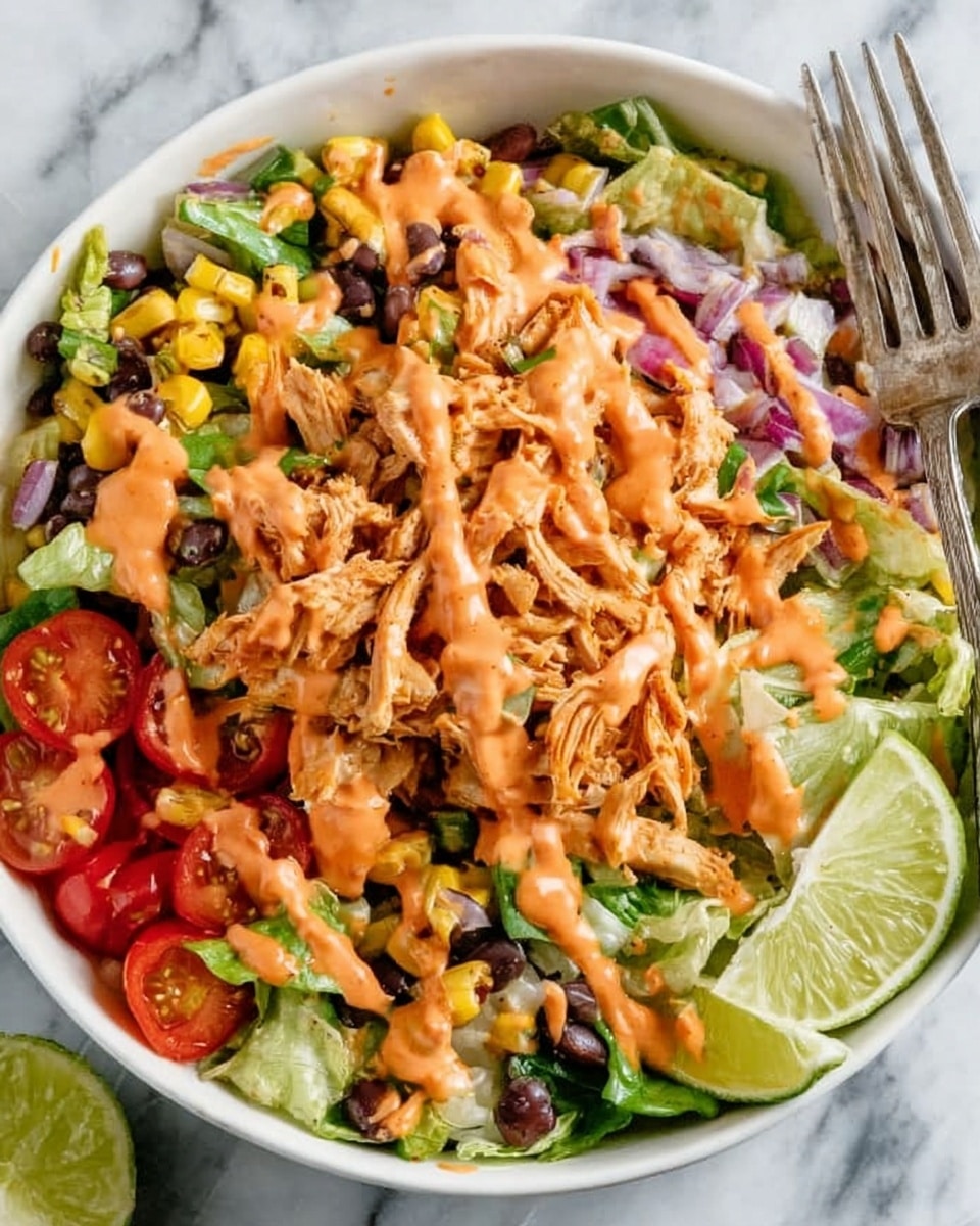 A white bowl filled with a colorful salad showing multiple layers: at the base, green lettuce leaves mixed with shredded purple onions and black beans; scattered on top are bright red cherry tomato halves and yellow corn kernels; shredded chicken is spread evenly across the salad; an orange creamy sauce is drizzled generously over everything; two lime wedges rest on the right side of the bowl near a silver fork; the bowl sits on a white marbled surface. photo taken with an iphone --ar 4:5 --v 7