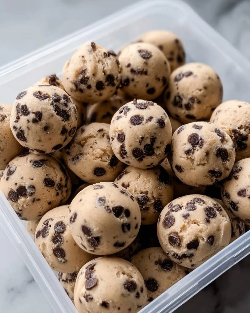 A clear square container filled with small round cookie dough balls, each ball beige in color with dark brown chocolate chips scattered evenly throughout, giving a speckled look; the dough balls have a smooth, slightly lumpy texture and are tightly packed together, showing slight indentations where they touch each other, all resting on a white marbled surface photo taken with an iphone --ar 4:5 --v 7