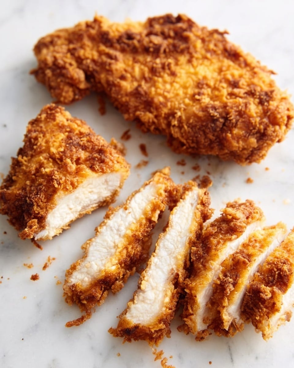 The image shows a crispy fried chicken breast on a white marbled surface. The chicken is golden brown with a crunchy, uneven texture on the outside. Below the whole piece are several slices of the same chicken, revealing the juicy white meat inside with a thin crispy crust around each piece. A woman's hand is not visible, the focus is fully on the chicken pieces. The arrangement is simple, highlighting the contrast between the crunchy outside and tender inside of the chicken. photo taken with an iphone --ar 4:5 --v 7