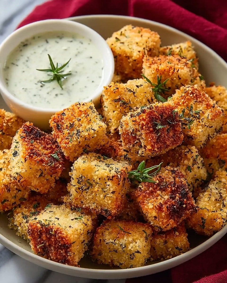 The image shows a white bowl filled with crispy, golden-brown square pieces of fried food coated in a crunchy breadcrumb layer with visible green herbs mixed in. The pieces are stacked closely together, with some small sprigs of fresh green dill scattered on top for garnish. Next to the food in the bowl is a small white bowl containing a creamy white dipping sauce sprinkled with a few dill leaves. Everything is placed on a white marbled surface, giving a clean and bright background. Photo taken with an iphone --ar 4:5 --v 7