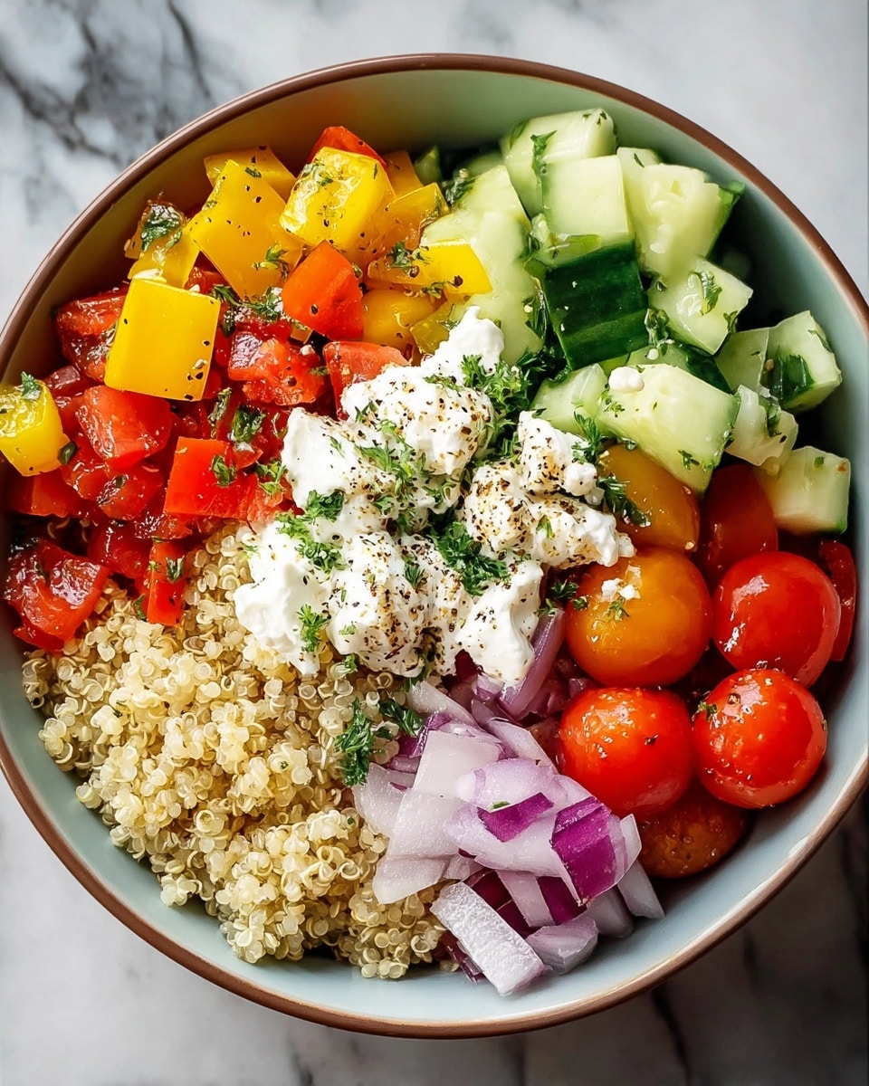 A bowl with five visible layers neatly arranged in sections: the bottom layer is light beige, fluffy quinoa covering about one-third of the bowl; next to it, bright green chopped parsley adds freshness. On top of the quinoa and parsley, there are small white dollops of creamy cottage cheese scattered. The right side has bright green cucumber chunks cut into cubes, followed by vibrant red cherry tomatoes sliced in halves and mixed with thin slices of purple red onion rings. The upper left section contains a mix of yellow and red diced bell peppers along with small onion pieces. Black pepper is sprinkled lightly over the whole bowl, all set on a bowl placed on a white marbled texture. photo taken with an iphone --ar 4:5 --v 7