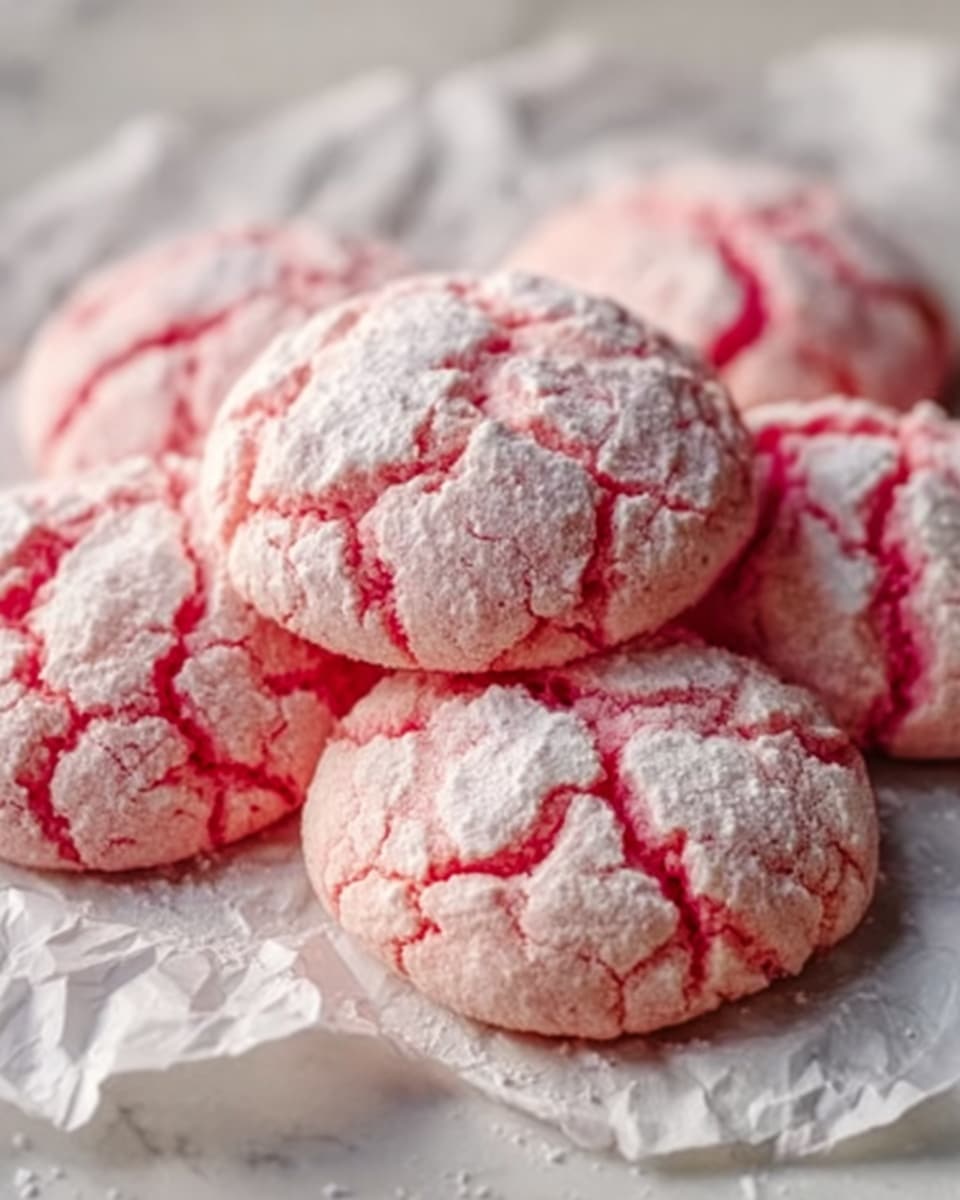 The image shows several pink cookies with white cracks on top, placed on crumpled white parchment paper. The cookies have a soft, round shape with a slightly rough texture, and the light shines gently on them, highlighting their delicate powdered sugar coating. The background is a white marbled surface, giving a clean and fresh look to the scene. The cookies are arranged in a close group, showing their soft edges and the contrast between the pink dough and white cracks. photo taken with an iphone --ar 4:5 --v 7
