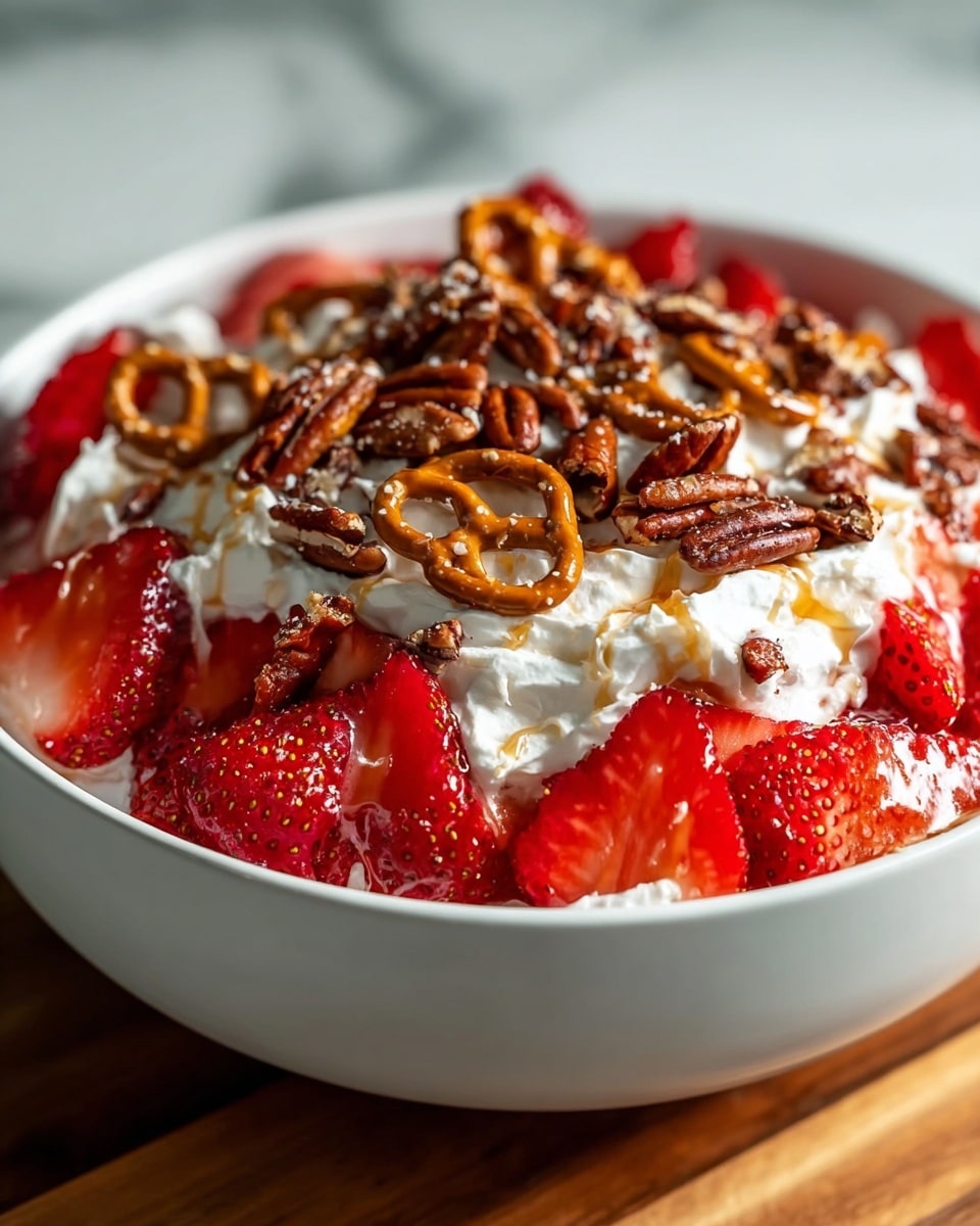 A close-up image of a white bowl filled with three visible layers. The bottom layer consists of bright red strawberry slices with natural seeds and juicy texture. The middle layer shows fluffy white whipped cream spread thickly. The top layer is covered with glossy strawberry pieces, crunchy brown pecans, and small twisted brown pretzels, all drizzled lightly with caramel sauce. The bowl sits on a wooden surface with a blurred white marbled texture background. The focus is sharp on the front layers of the dish, making the strawberries and nuts look fresh and inviting. Photo taken with an iphone --ar 4:5 --v 7
